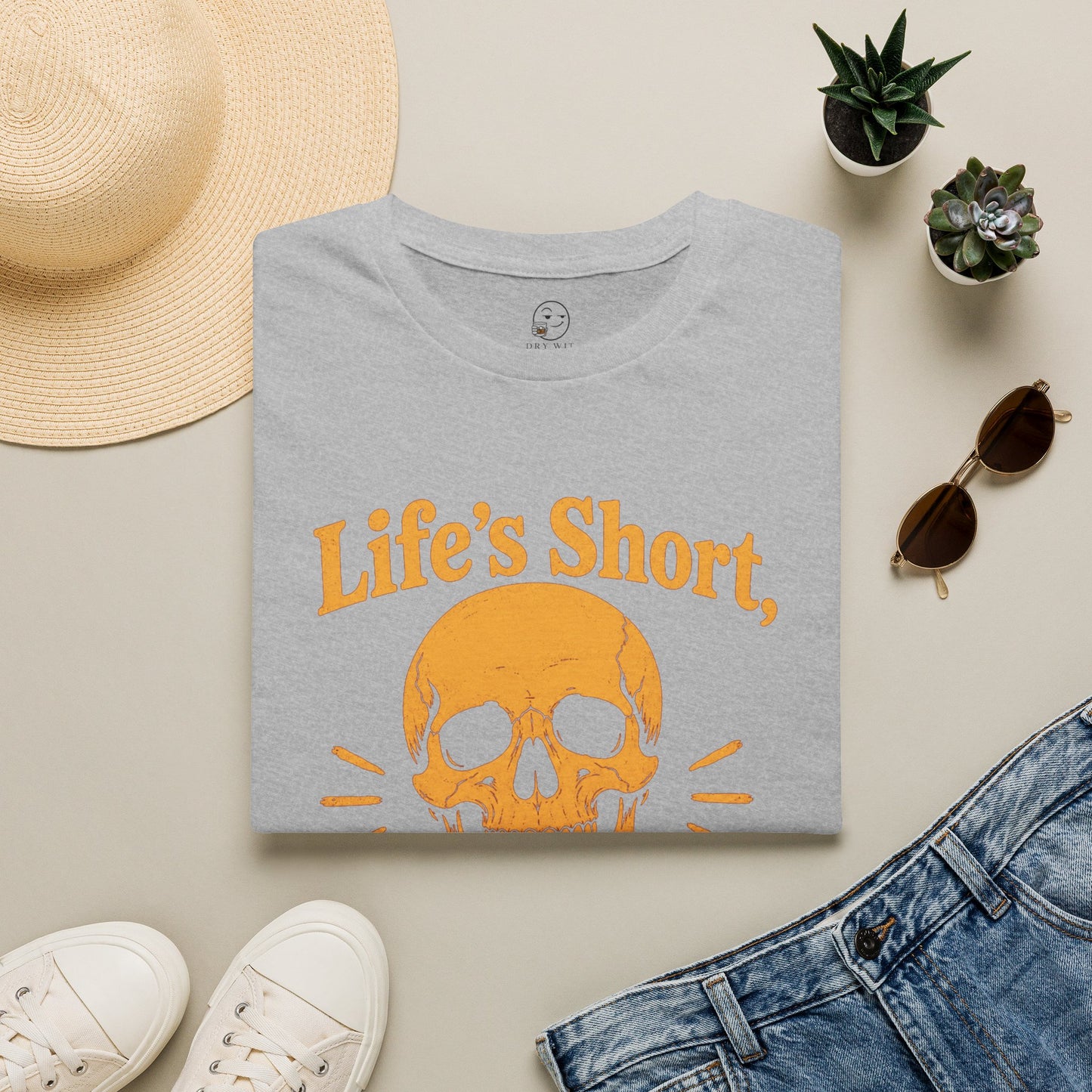Life's Short, Smile While You Have Teeth Shirt, Sport Grey, folded flat lay styled with a straw hat, sunglasses, sneakers and denim