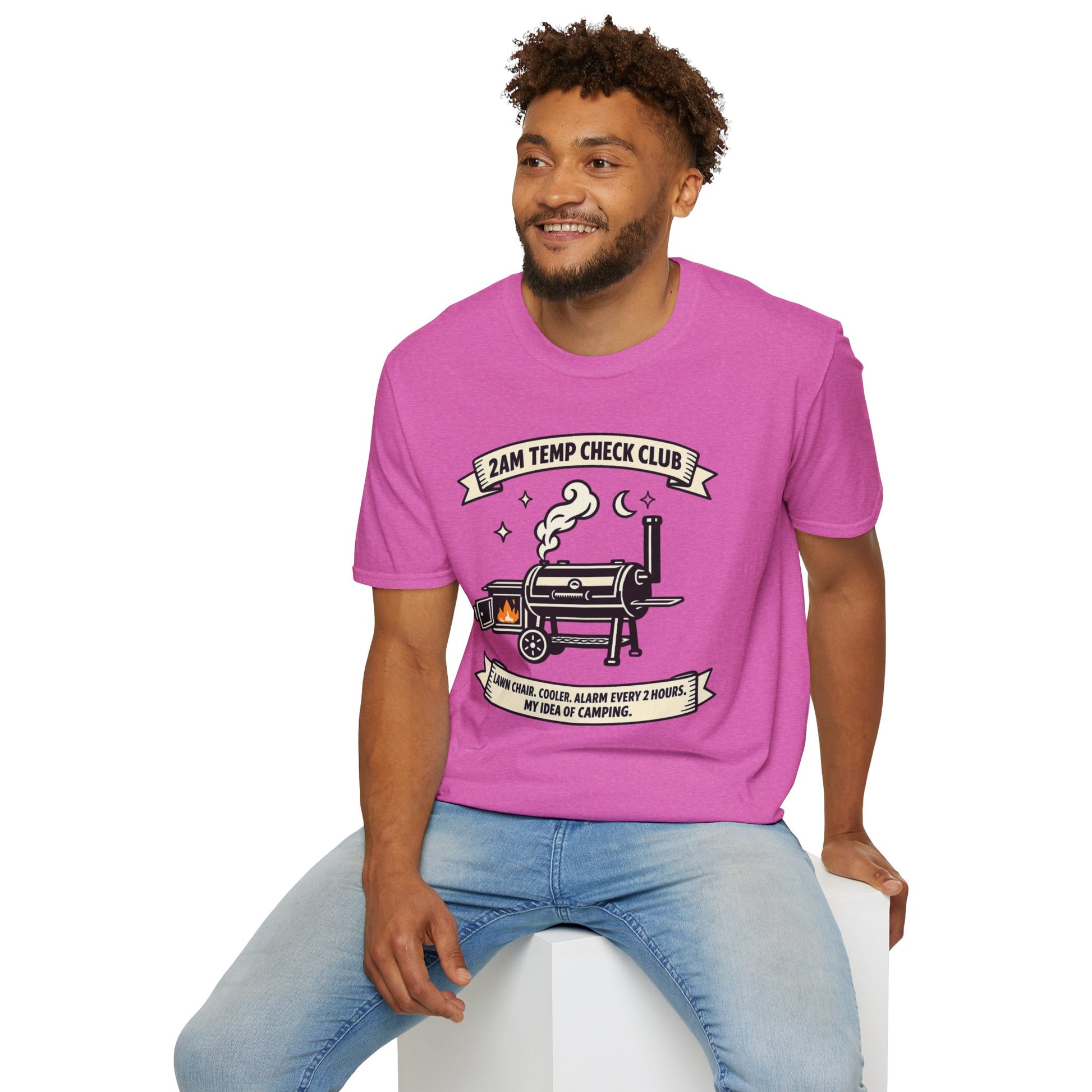 2AM Temp Check Club Shirt, Heather Berry pink, worn by a model seated on a white block
