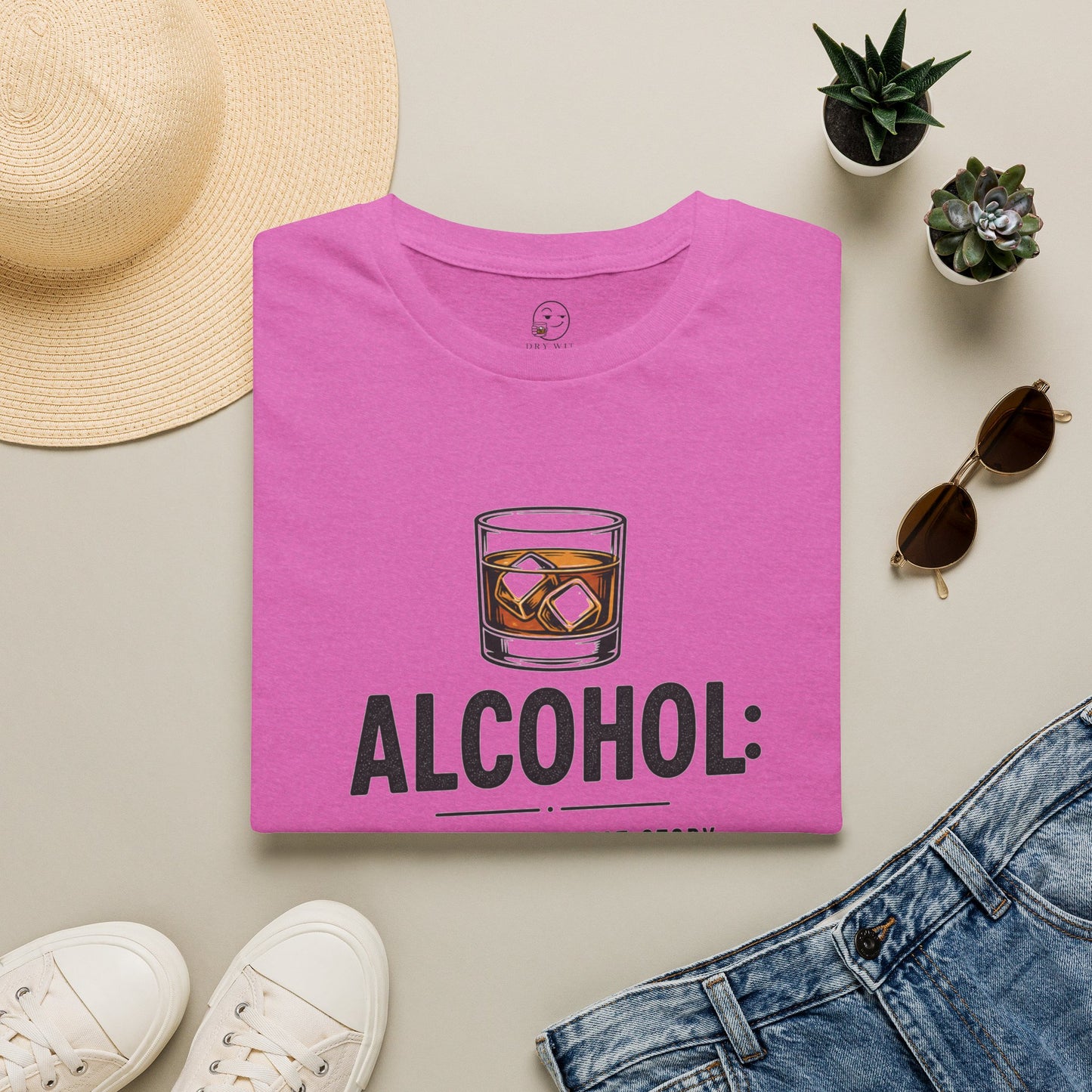 No Great Story Started With a Salad Shirt, Heather Berry pink, folded flat lay styled with a straw hat, sunglasses, sneakers and denim