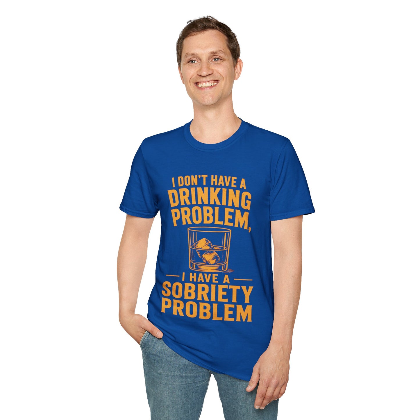 I Don't Have a Drinking Problem Shirt, Royal, worn by a standing model with one hand in their pocket