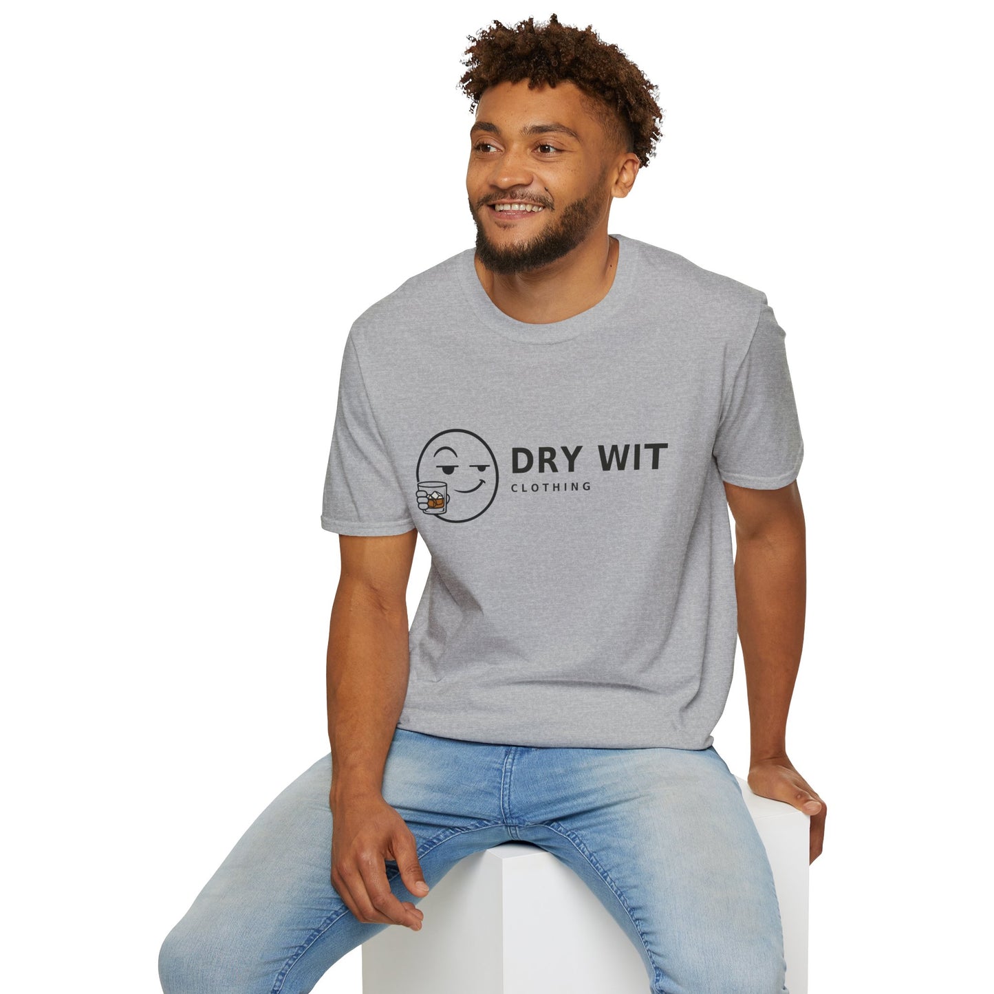Dry Wit Logo Shirt, Sport Grey, worn by a model seated on a white block