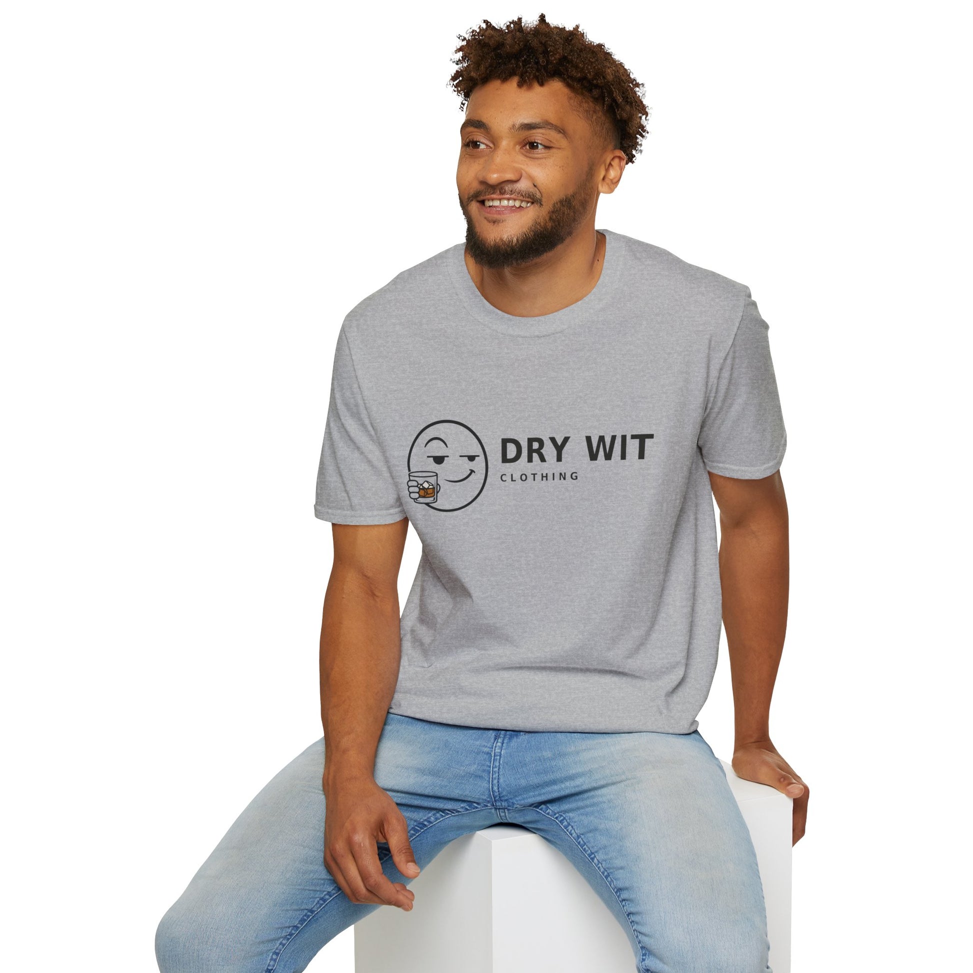 Dry Wit Logo Shirt, Sport Grey, worn by a model seated on a white block