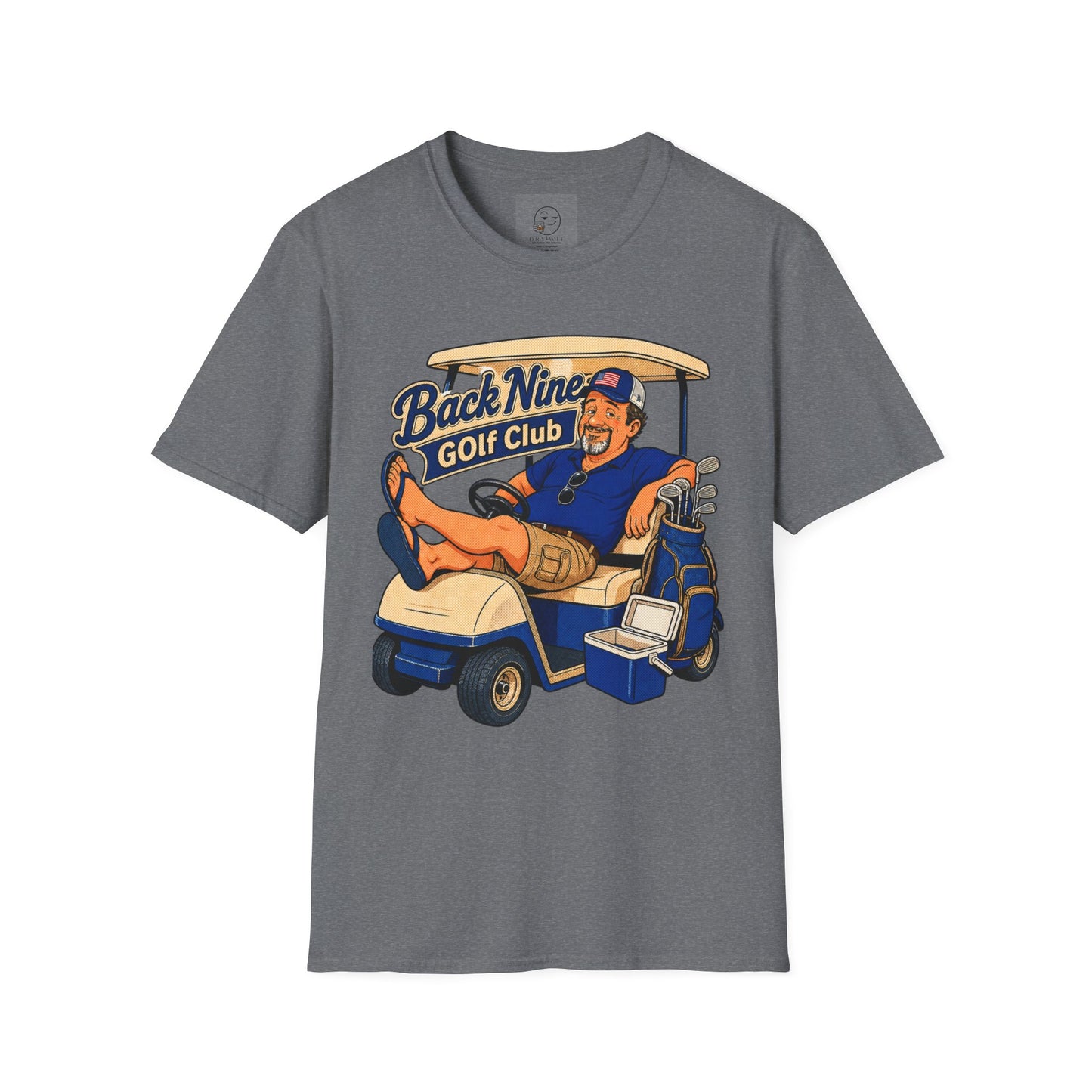 Retro country club-style t-shirt graphic of the Dry Wit dad mascot in a golf cart with a cooler, text reading Back Nine Golf Club