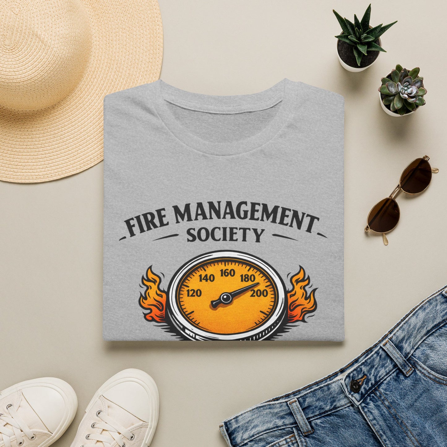Fire Management Society Shirt, Sport Grey, folded flat lay styled with a straw hat, sunglasses, sneakers and denim
