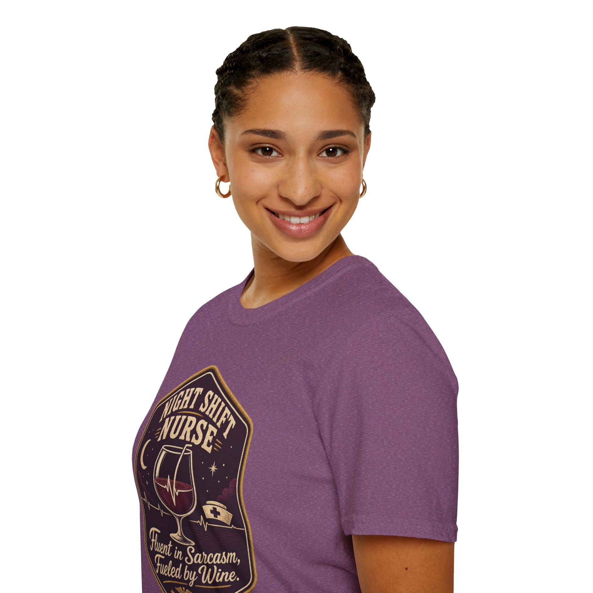 Hexagonal vintage badge t-shirt graphic of a wine glass with a heartbeat line running through it like a straw, text reading Night Shift Nurse, Fluent In Sarcasm, Fueled By Wine