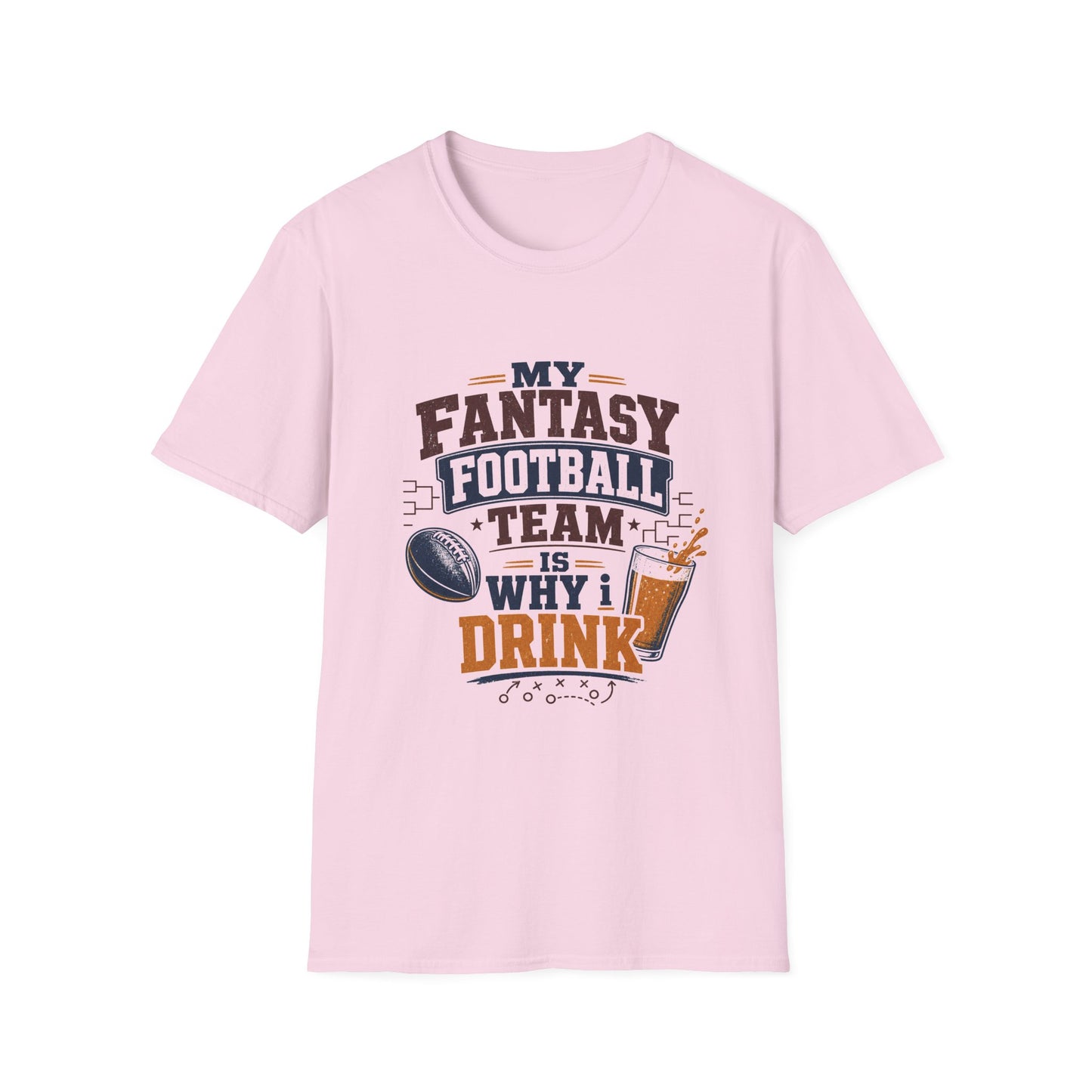 T-shirt design with maroon and navy text reading My Fantasy Football Team Is Why I Drink, football, tournament bracket, and pouring beer glass graphics