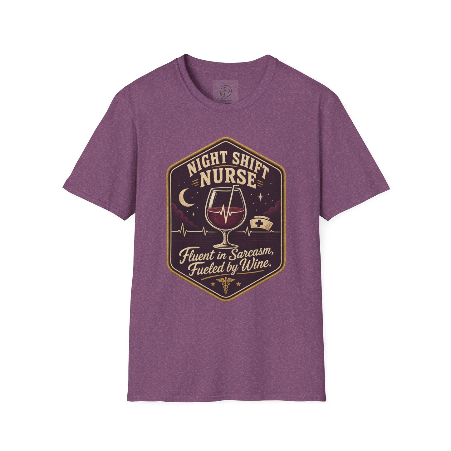 Hexagonal vintage badge t-shirt graphic of a wine glass with a heartbeat line running through it like a straw, text reading Night Shift Nurse, Fluent In Sarcasm, Fueled By Wine