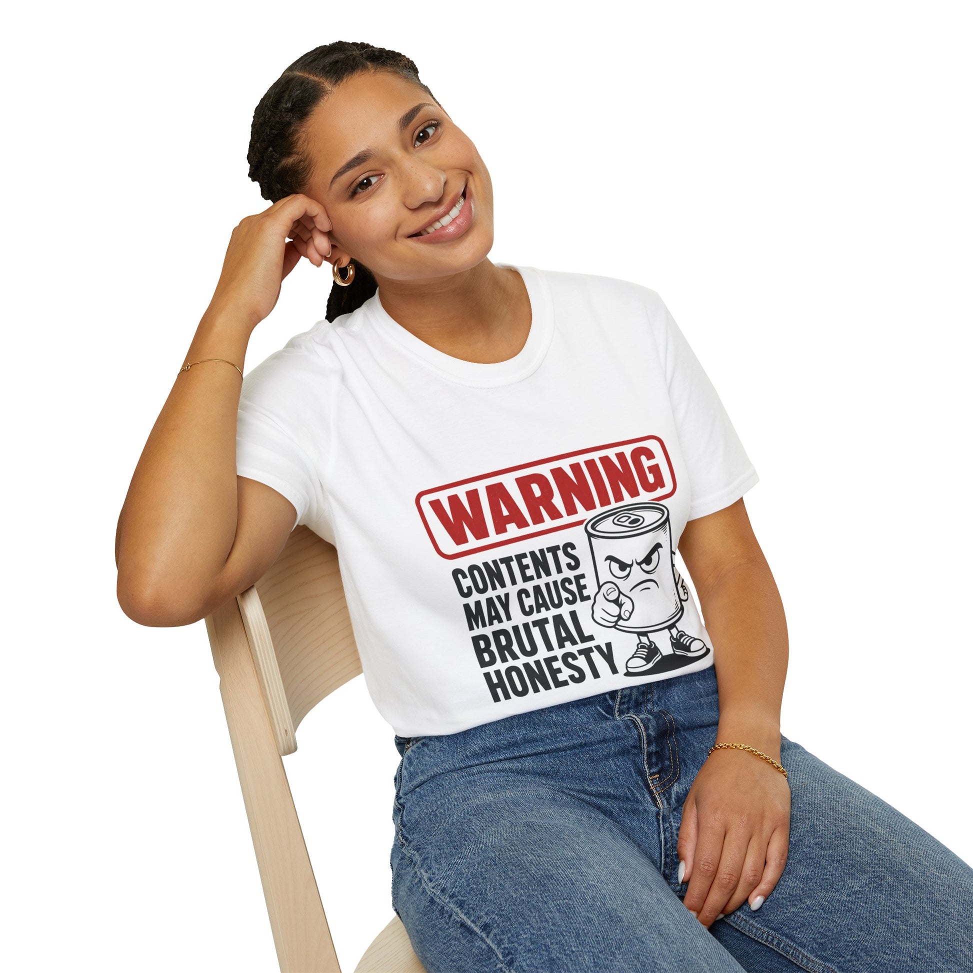 Warning: Contents May Cause Brutal Honesty Shirt, White, worn by a model seated on a wooden chair