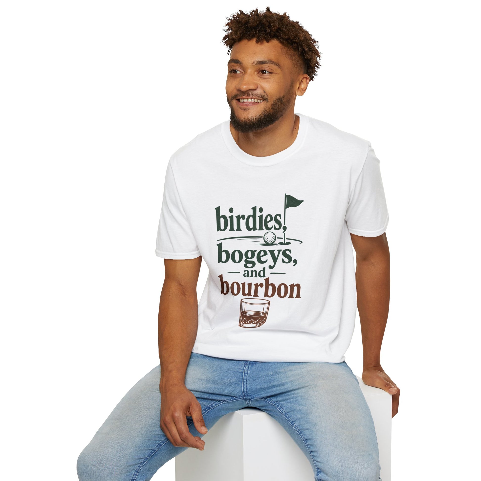 Birdies, Bogeys, and Bourbon Shirt, White, worn by a model seated on a white block