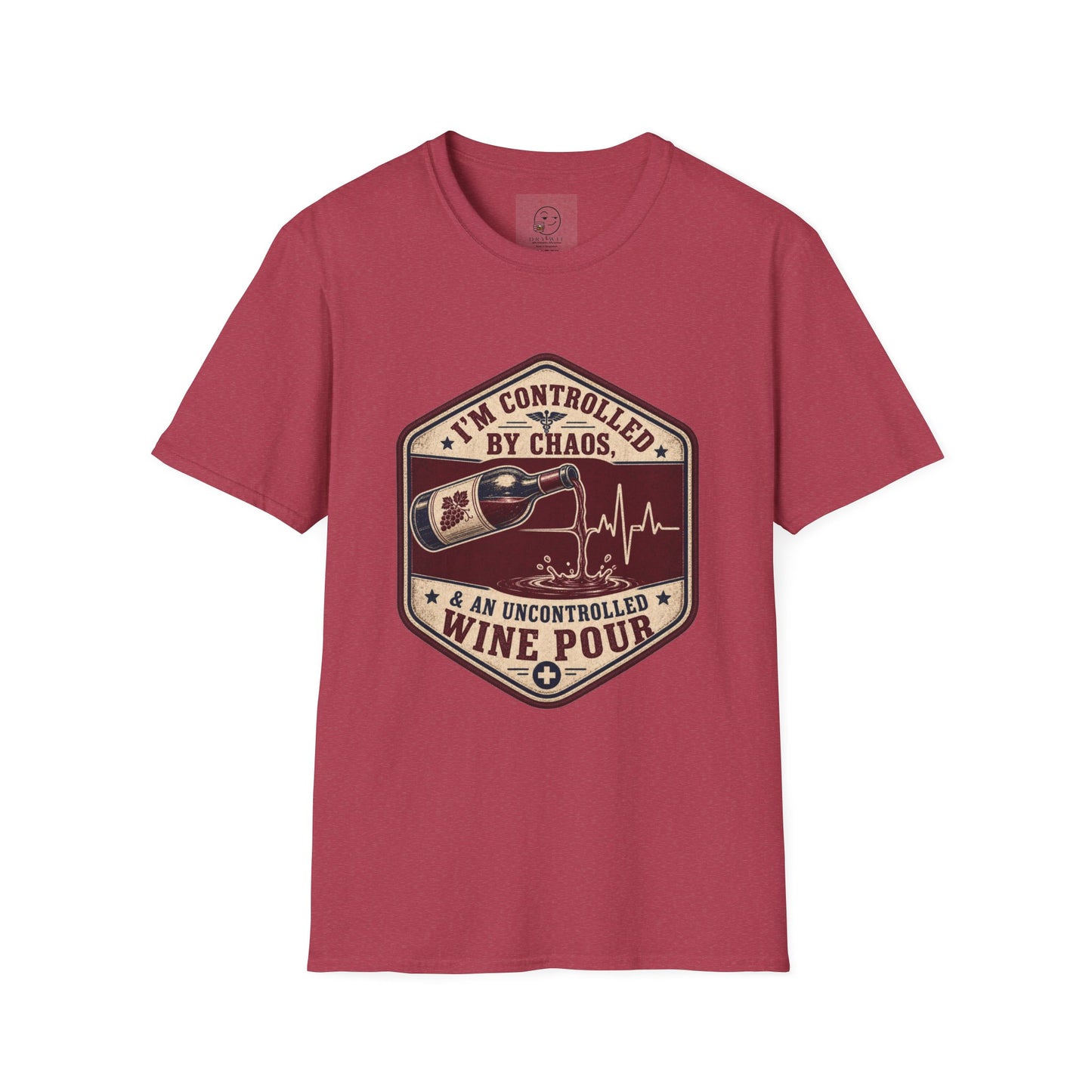Hexagonal vintage badge t-shirt graphic of a wine bottle mid-pour with the liquid stream shaped like a heartbeat line, text reading I'm Controlled By Chaos & An Uncontrolled Wine Pour