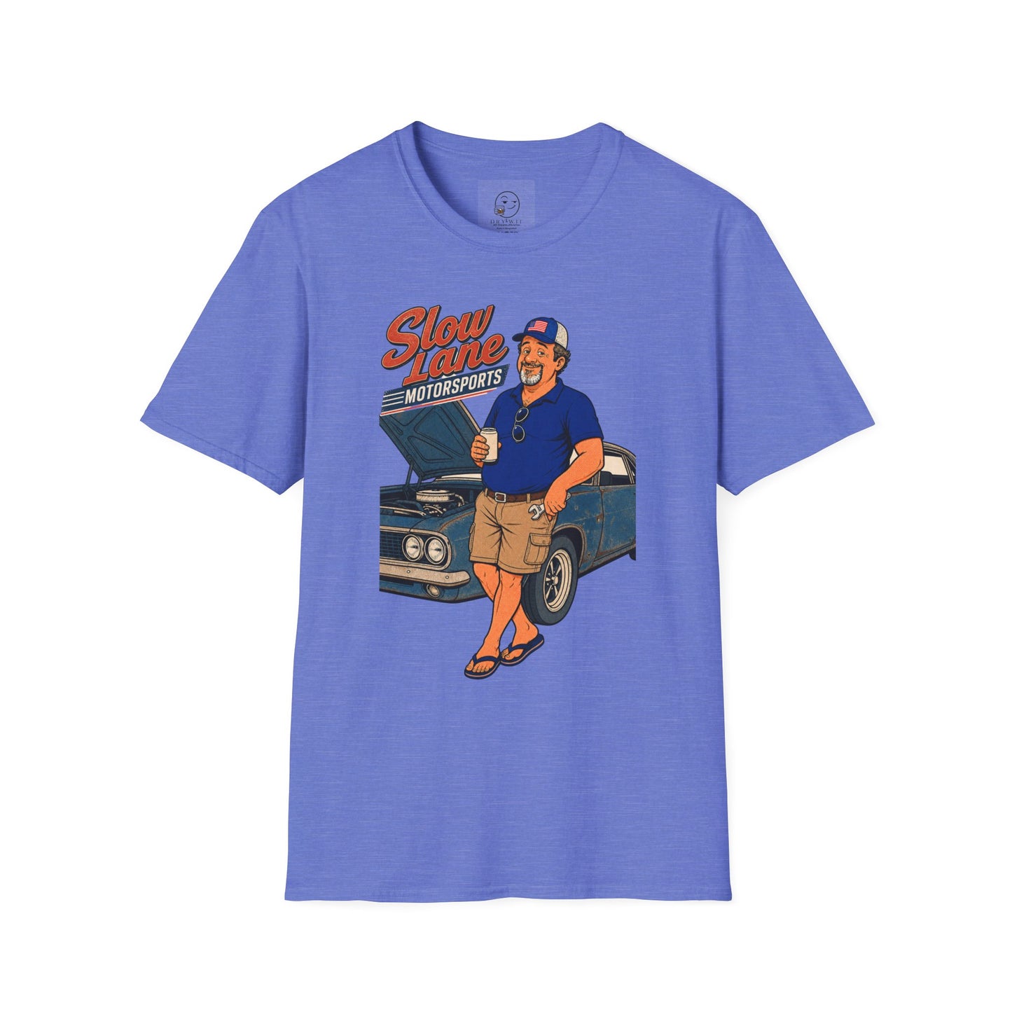 Retro garage-style t-shirt graphic of the Dry Wit dad mascot beside a classic muscle car holding a beer, text reading Slow Lane Motorsports