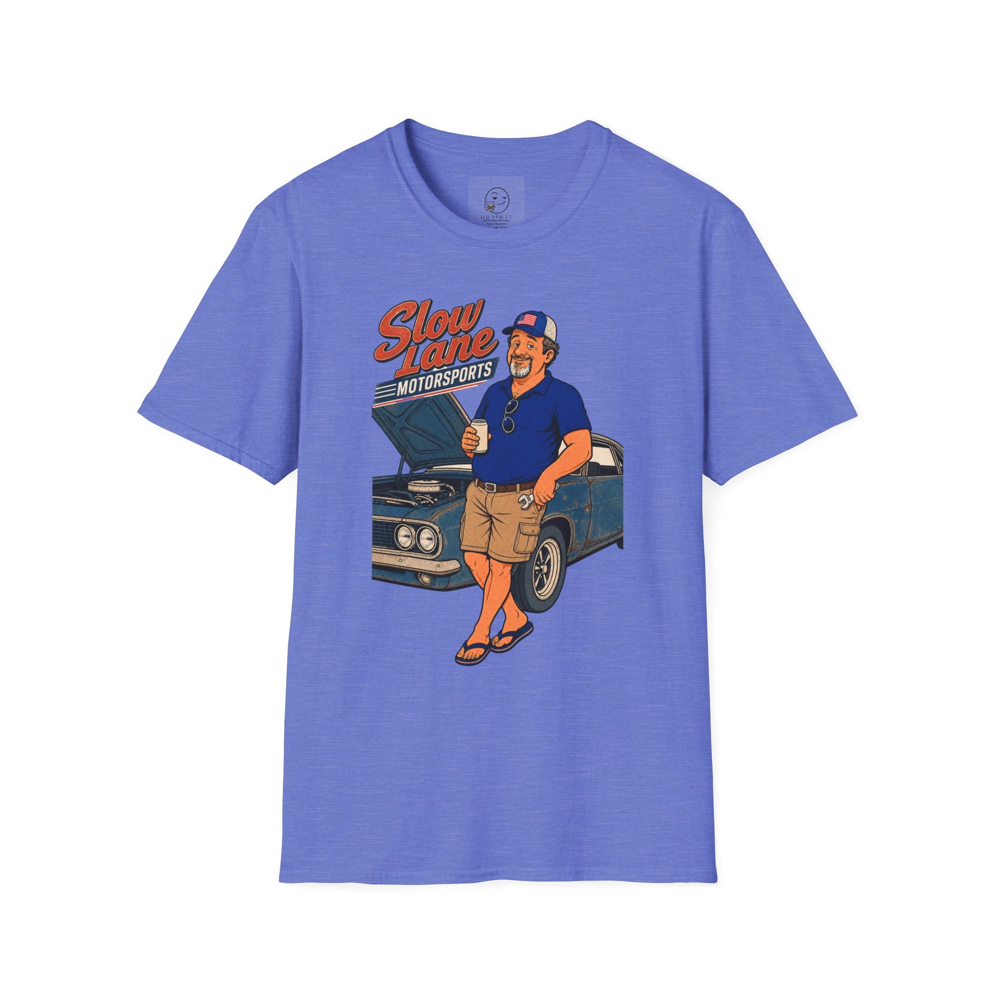 Retro garage-style t-shirt graphic of the Dry Wit dad mascot beside a classic muscle car holding a beer, text reading Slow Lane Motorsports