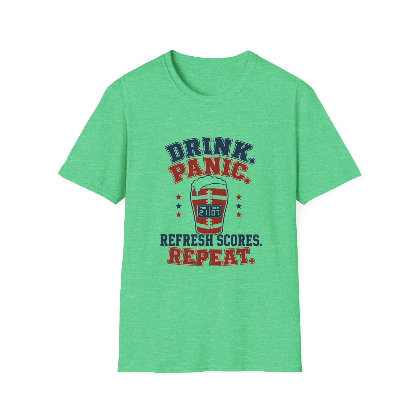 T-shirt design with navy and maroon text reading Drink Panic Refresh Scores Repeat, football-striped pint glass with a scoreboard graphic