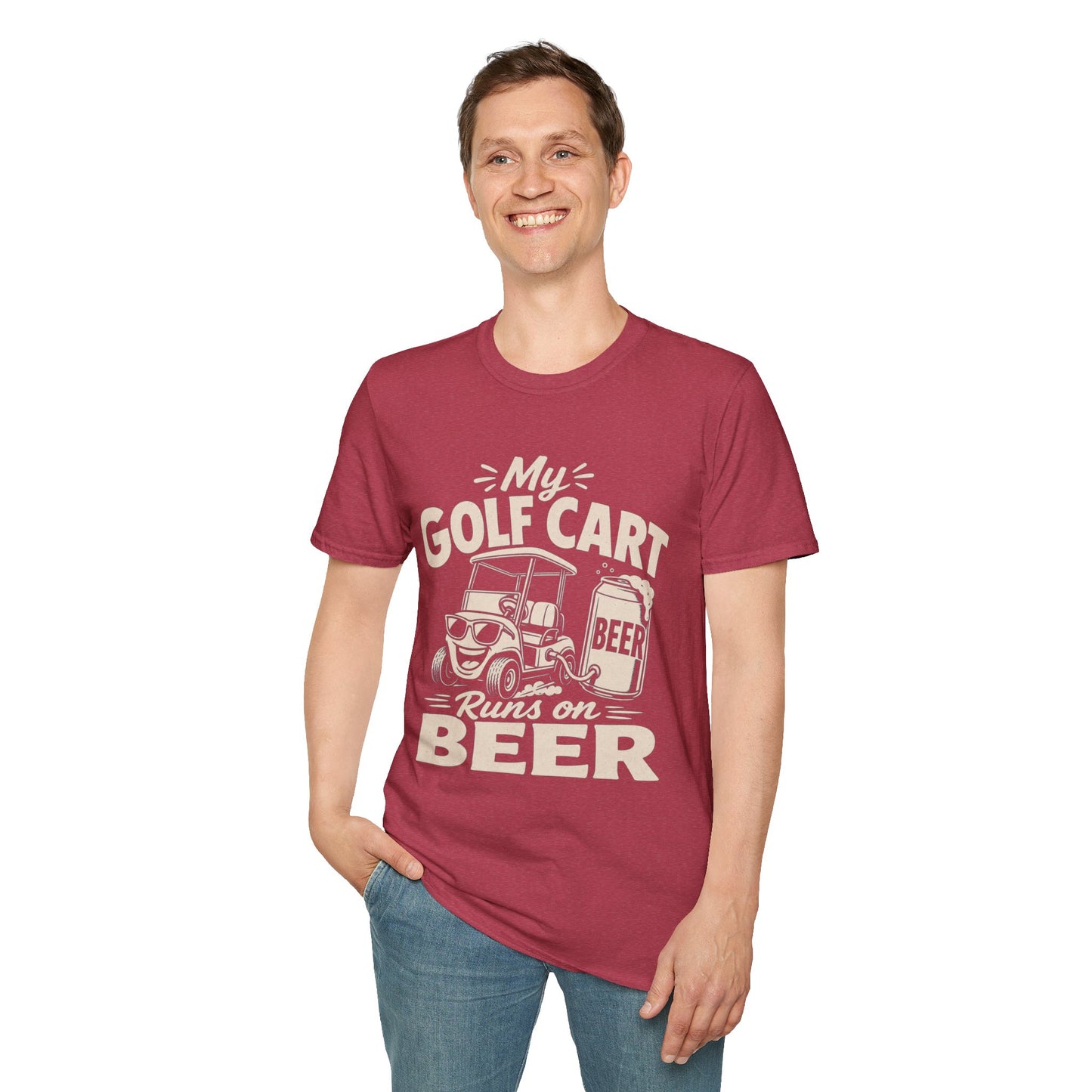My Golf Cart Runs on Beer Shirt, Heather Cardinal red, worn by a standing model with one hand in their pocket