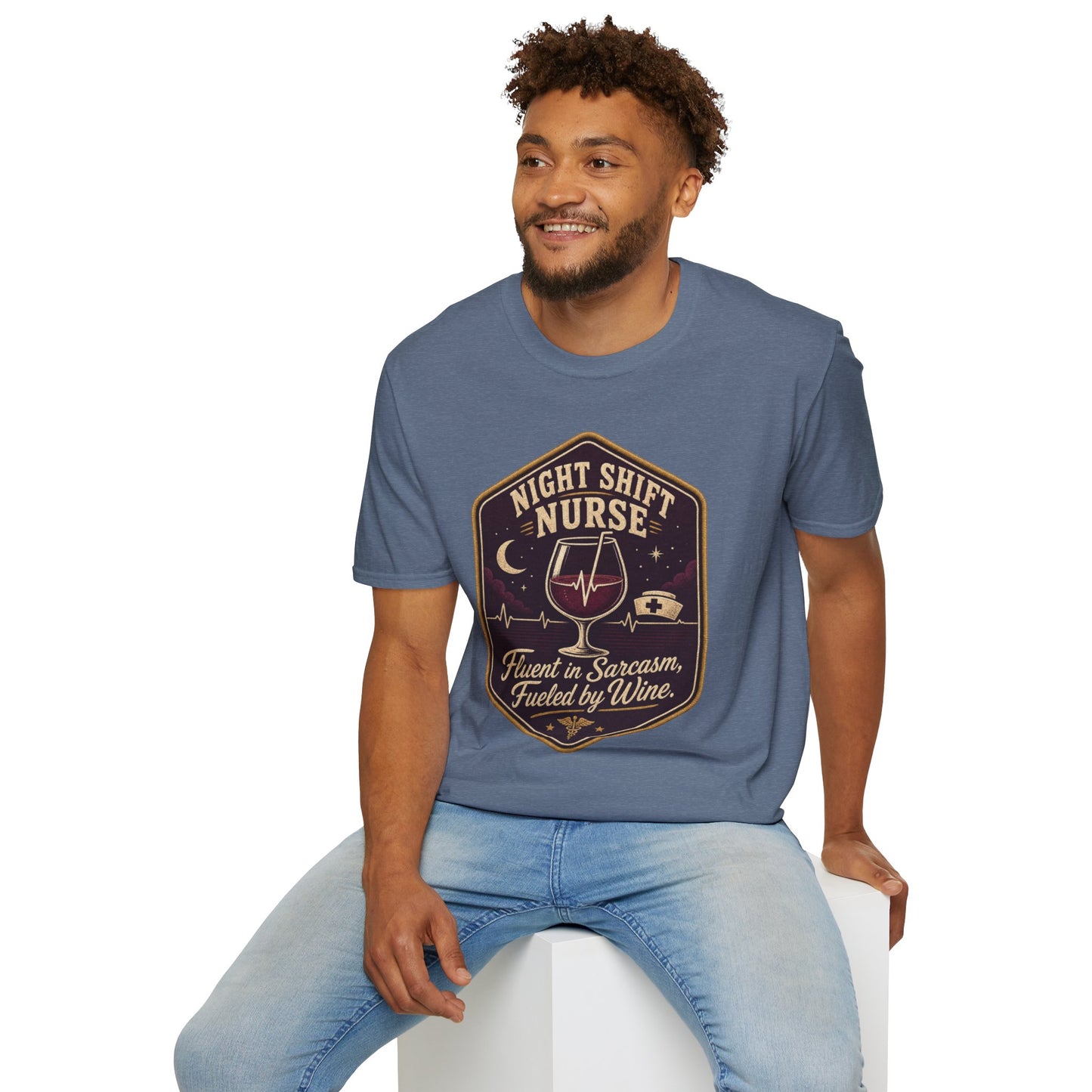 Hexagonal vintage badge t-shirt graphic of a wine glass with a heartbeat line running through it like a straw, text reading Night Shift Nurse, Fluent In Sarcasm, Fueled By Wine