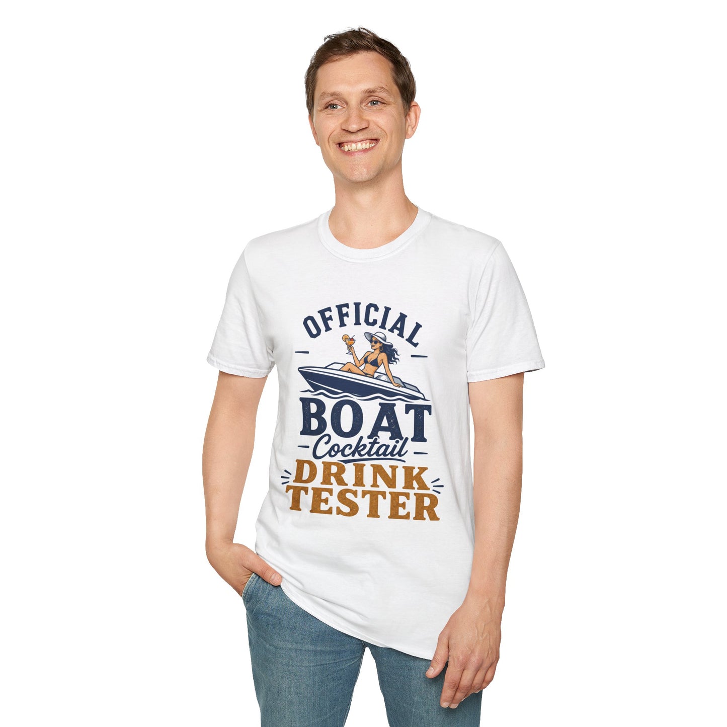 Official Boat Cocktail Drink Tester Shirt, White, worn by a standing model with one hand in their pocket