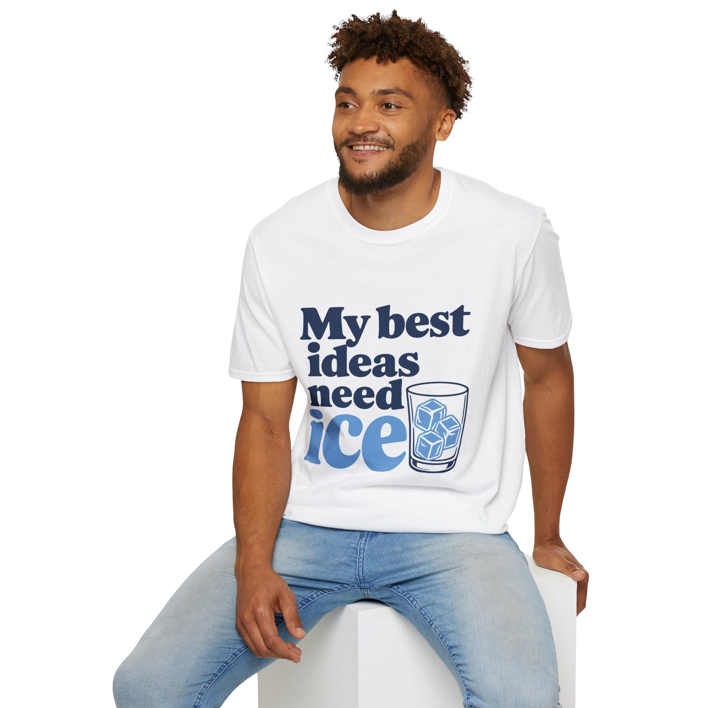 My Best Ideas Need Ice Shirt, White, worn by a model seated on a white block