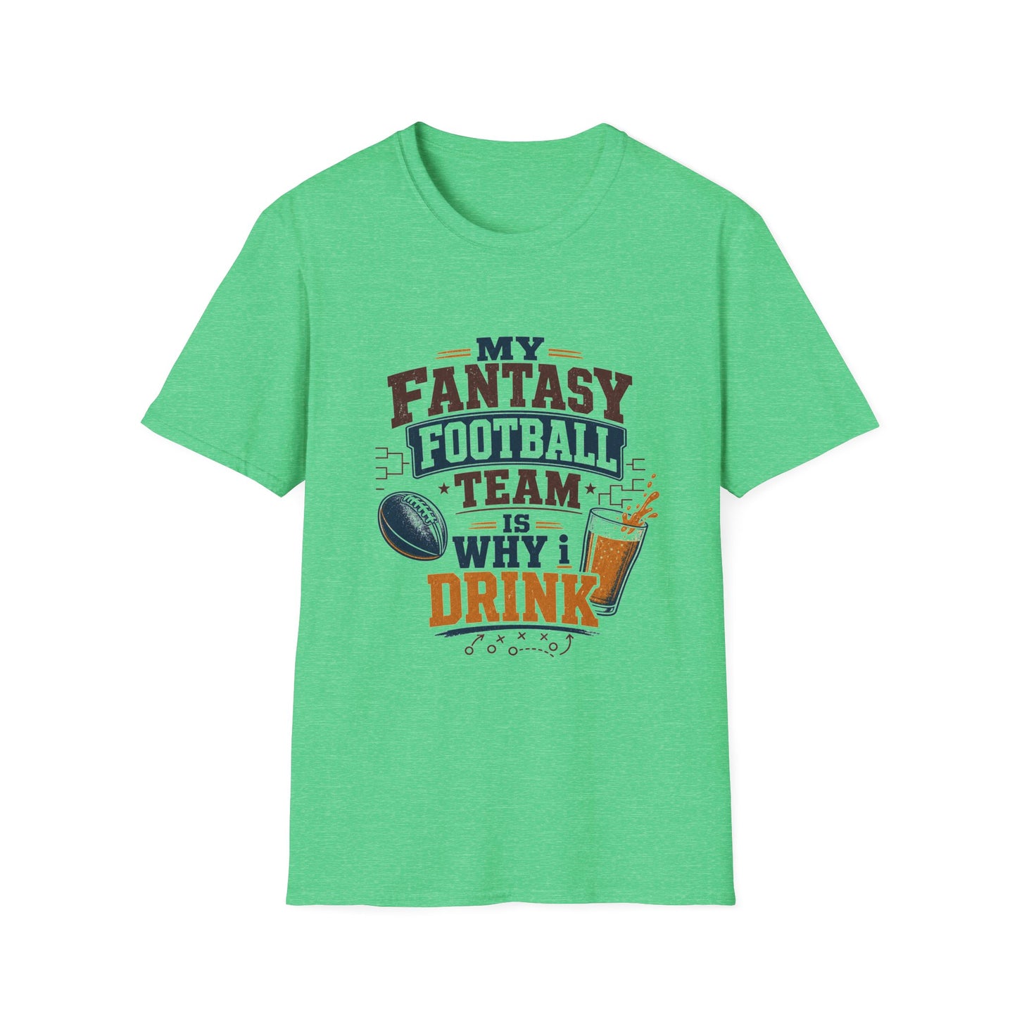 T-shirt design with maroon and navy text reading My Fantasy Football Team Is Why I Drink, football, tournament bracket, and pouring beer glass graphics