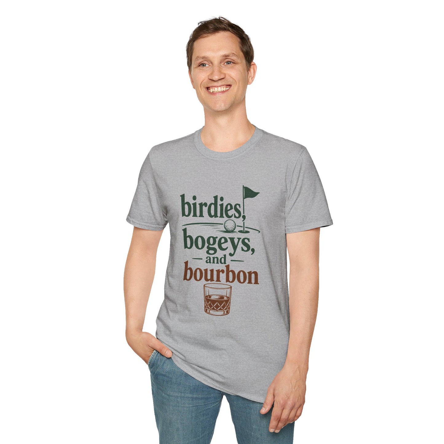 Birdies, Bogeys, and Bourbon Shirt, Sport Grey, worn by a standing model with one hand in their pocket