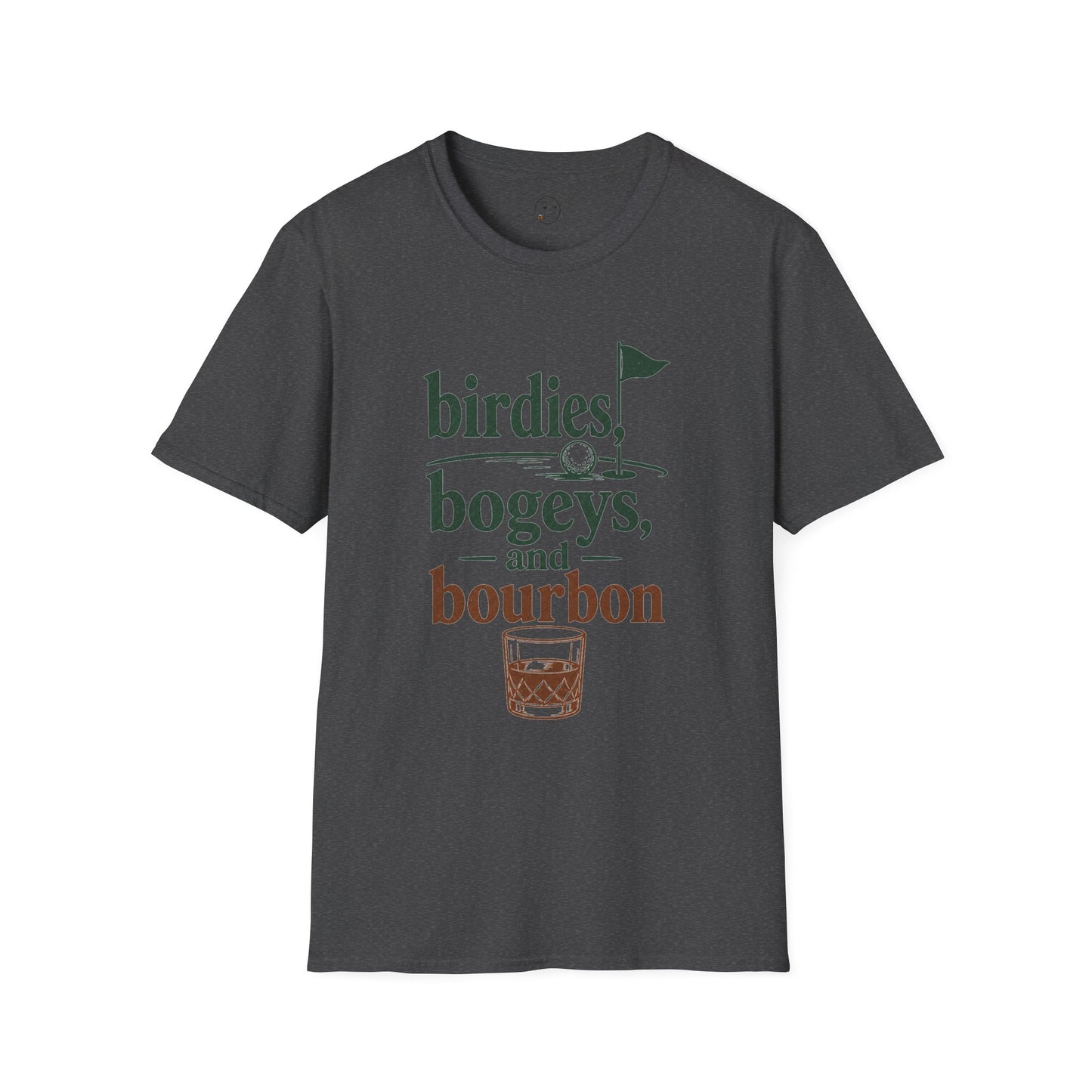 Birdies, Bogeys, and Bourbon Shirt, Dark Heather charcoal, front flat lay