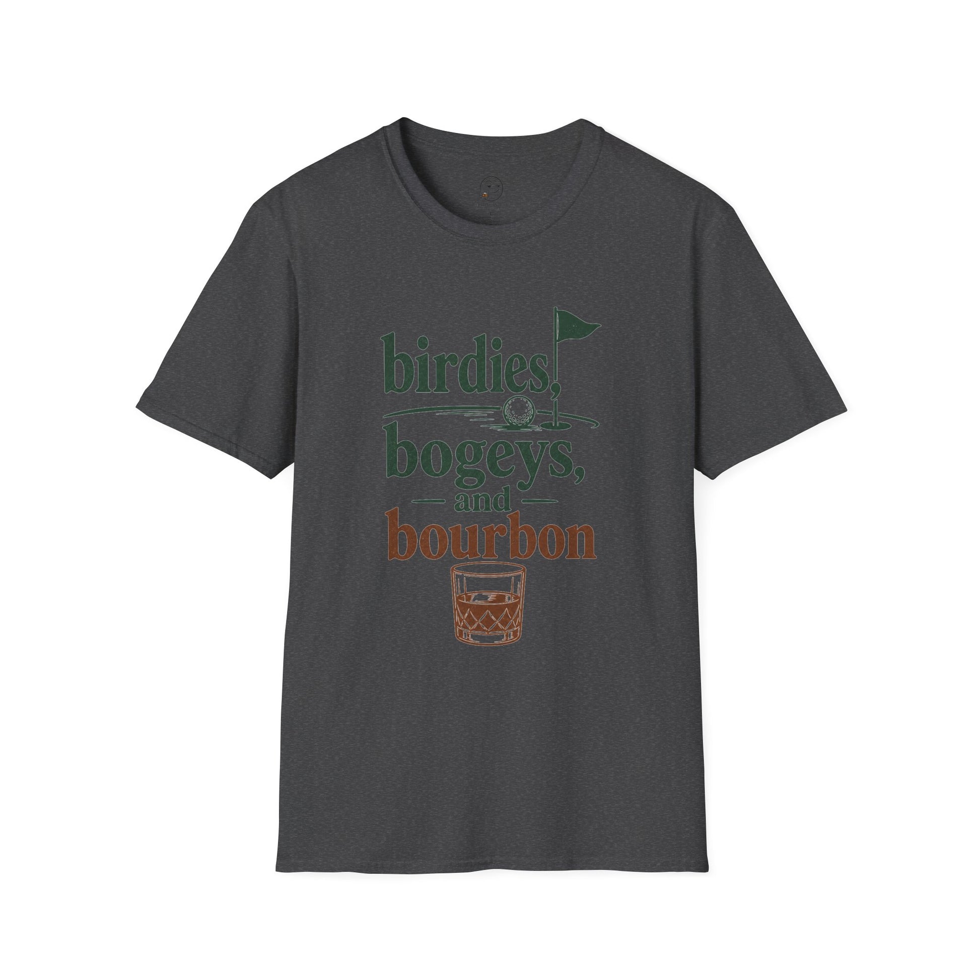 Birdies, Bogeys, and Bourbon Shirt, Dark Heather charcoal, front flat lay