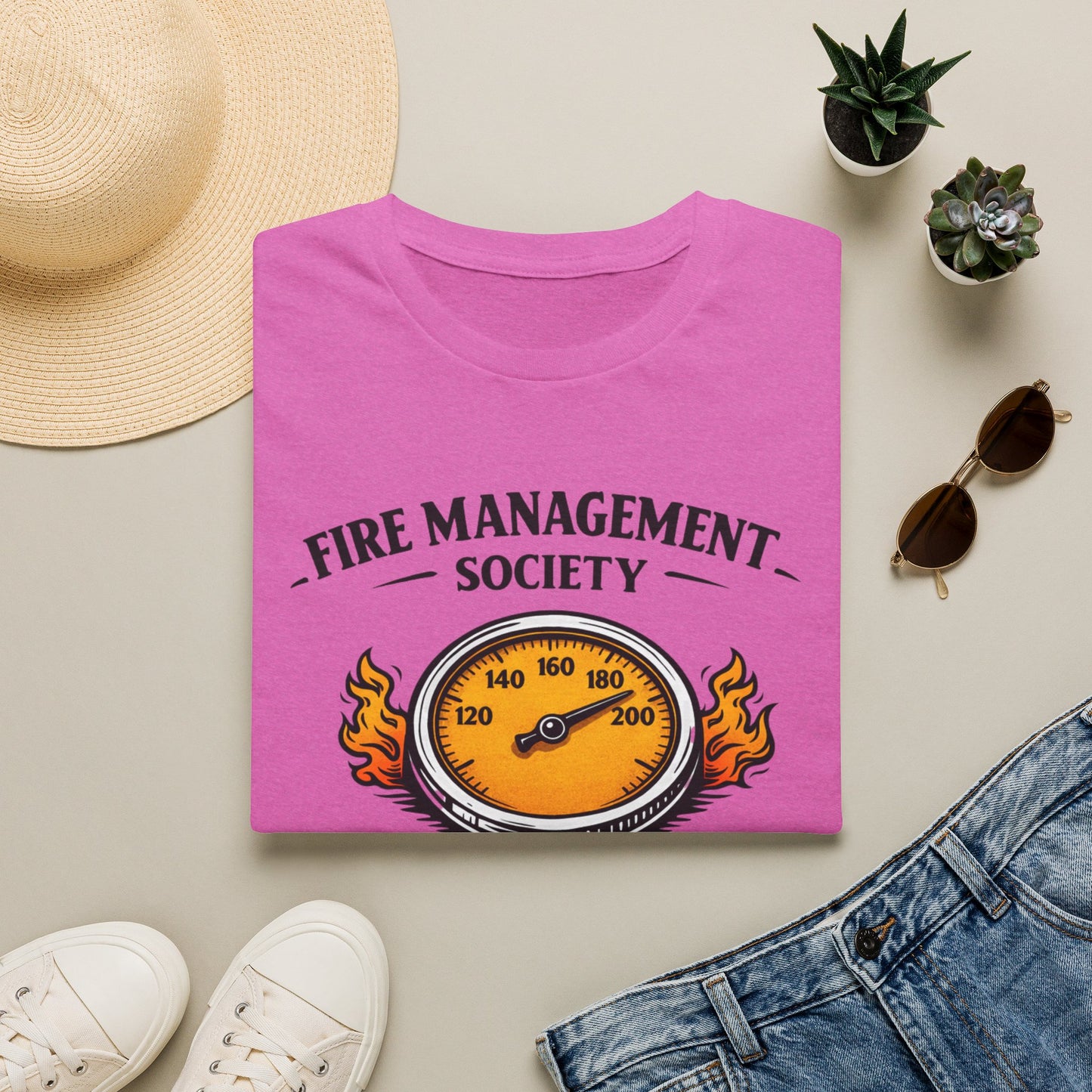 Fire Management Society Shirt, Heather Berry pink, folded flat lay styled with a straw hat, sunglasses, sneakers and denim