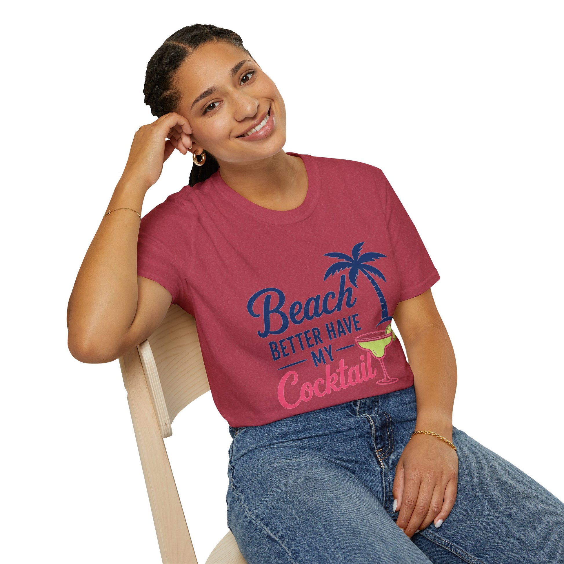 Beach Better Have My Cocktail Shirt, Heather Cardinal red, worn by a model seated on a wooden chair