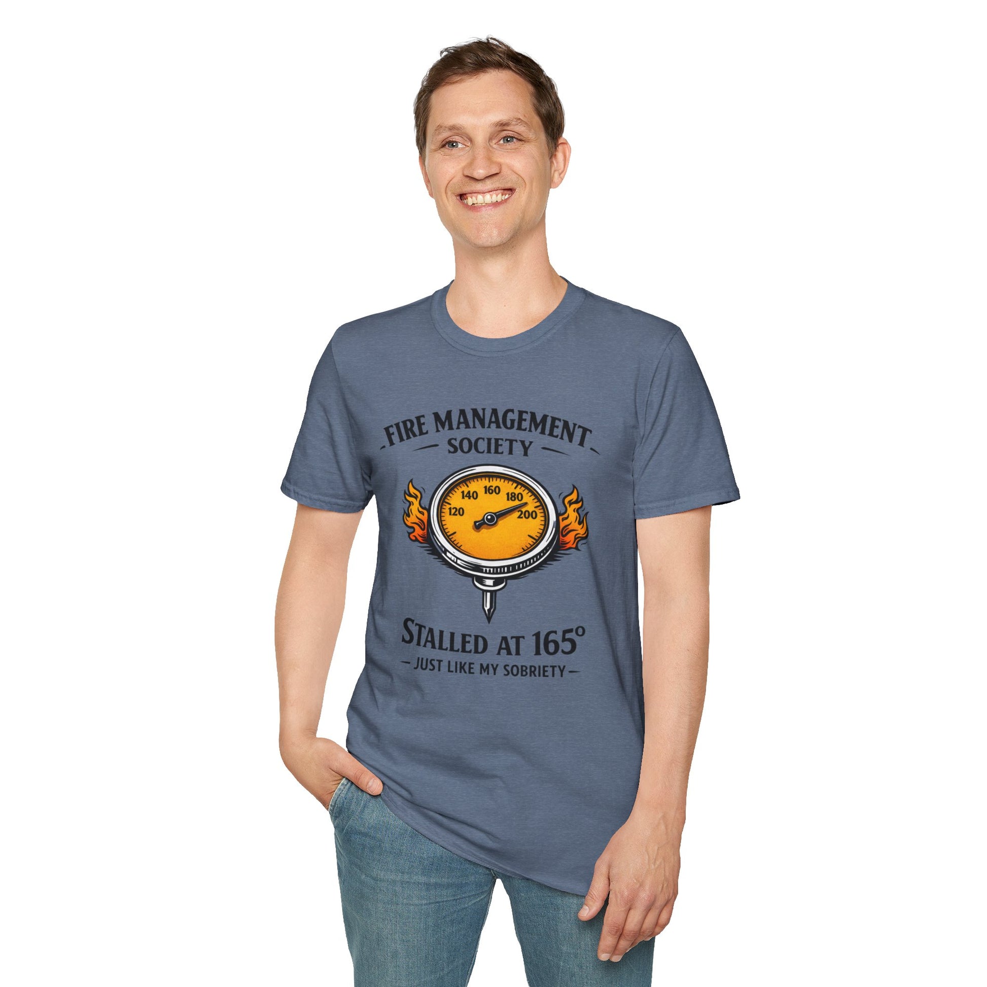 Fire Management Society Shirt, Heather Indigo slate blue, worn by a standing model with one hand in their pocket