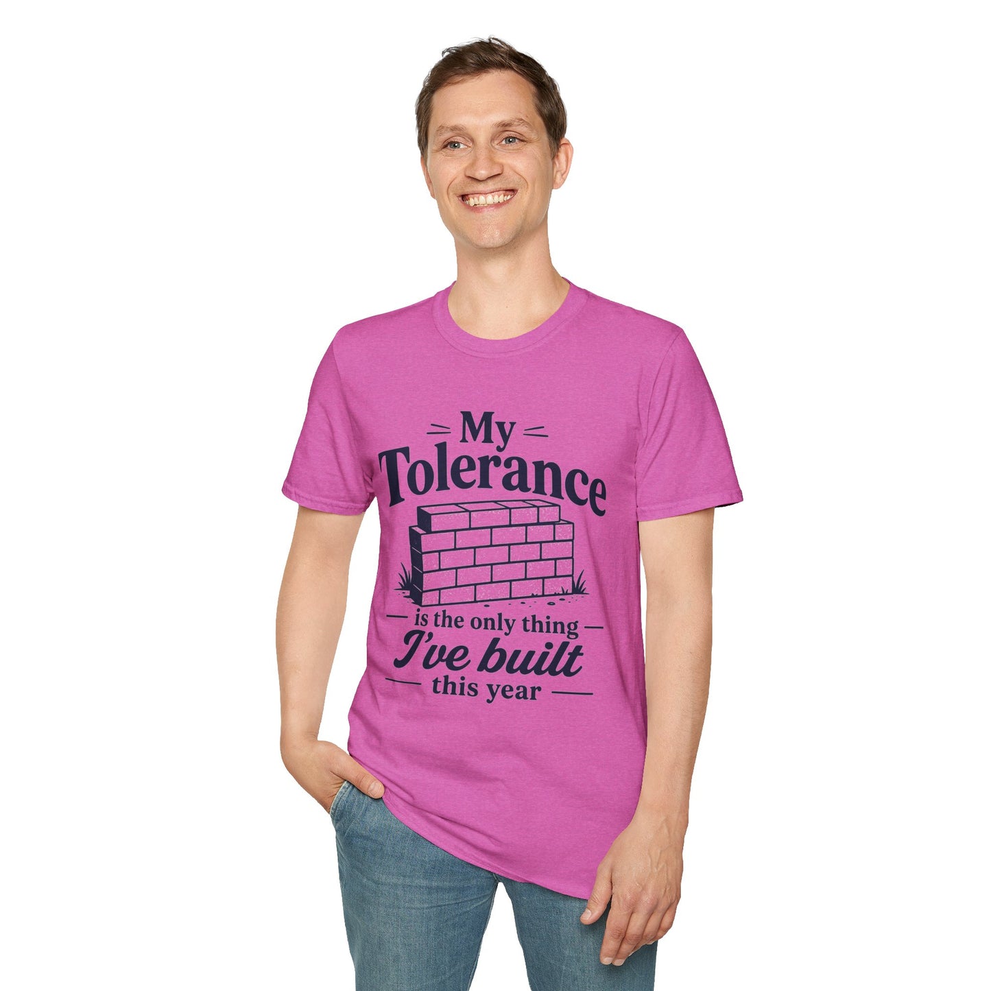 My Tolerance Is the Only Thing I've Built, Heather Berry pink, worn by a standing model with one hand in their pocket