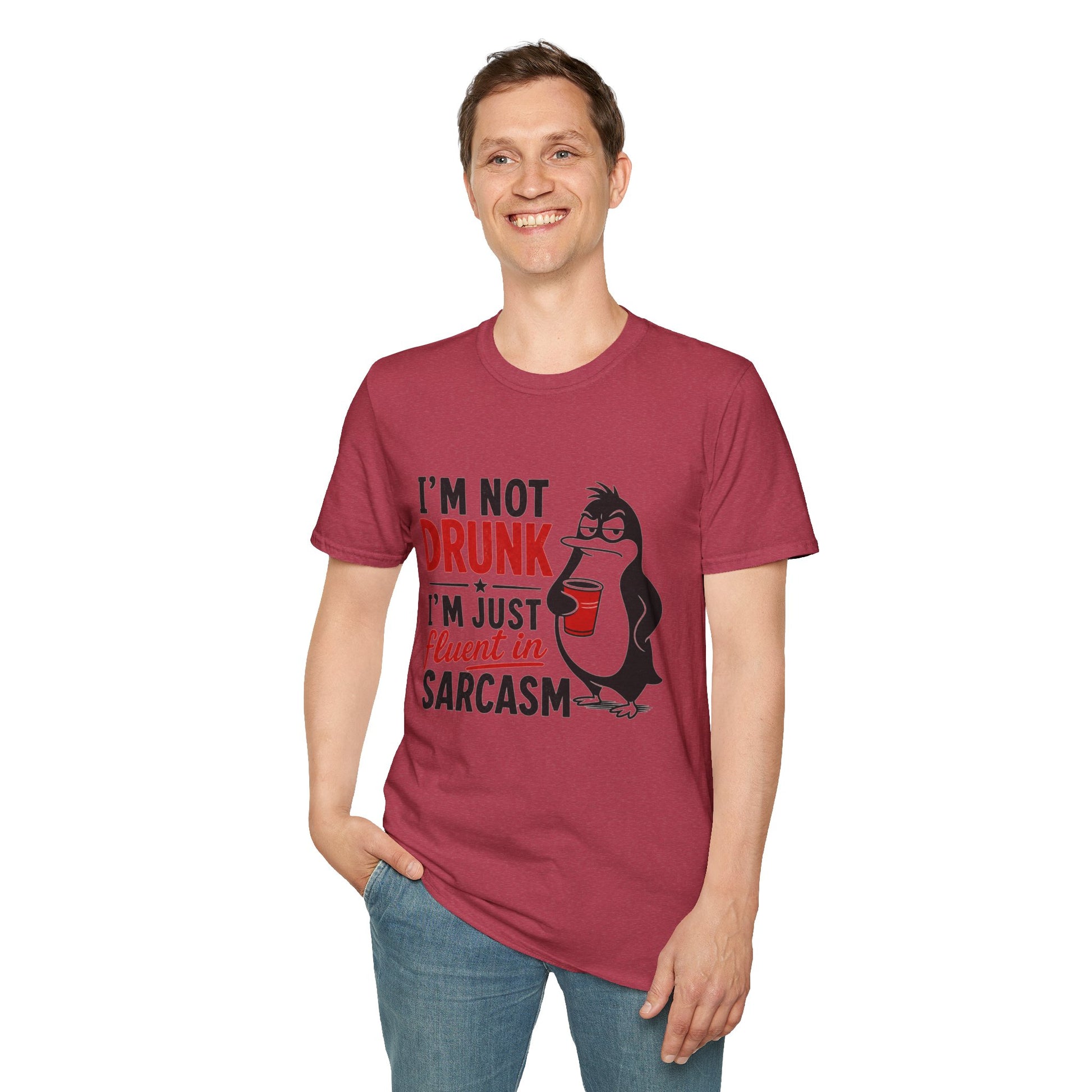 I'm Not Drunk, I'm Just Fluent in Sarcasm Shirt, Heather Cardinal red, worn by a standing model with one hand in their pocket