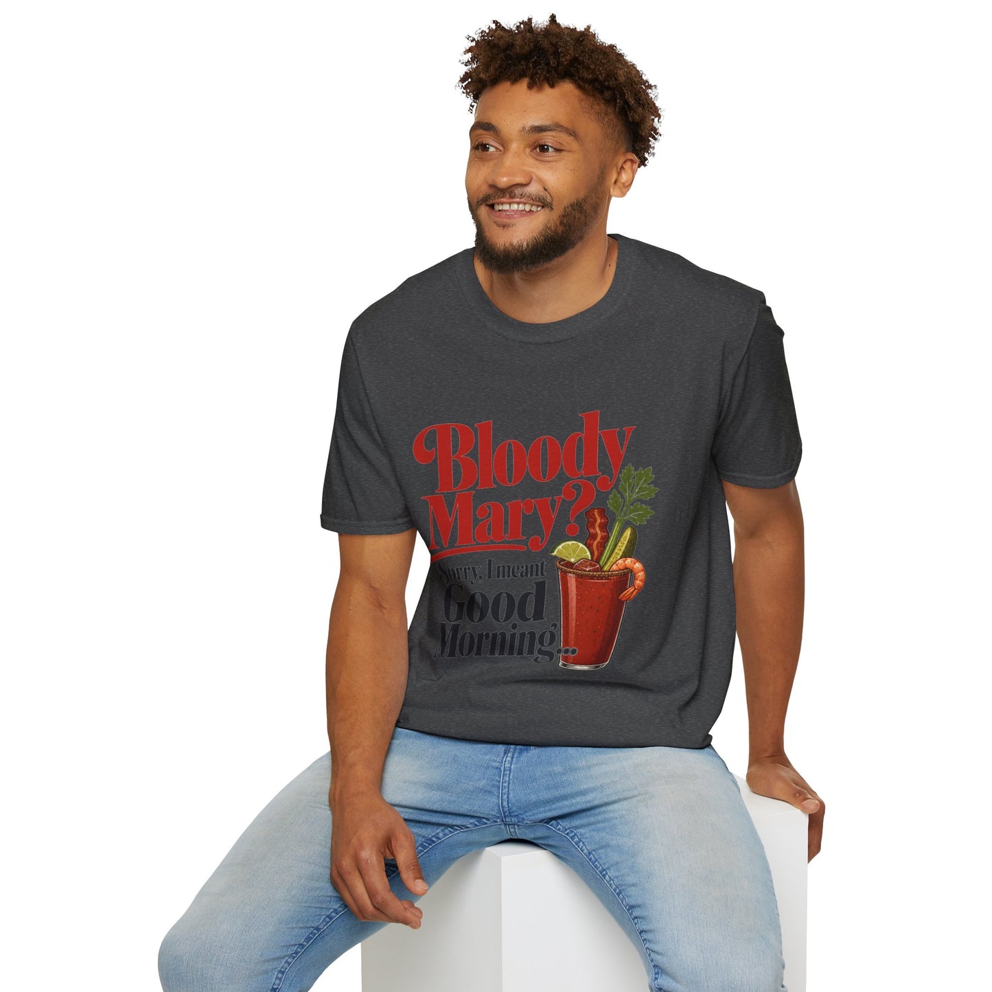 Bloody Mary Shirt, Dark Heather charcoal, worn by a model seated on a white block