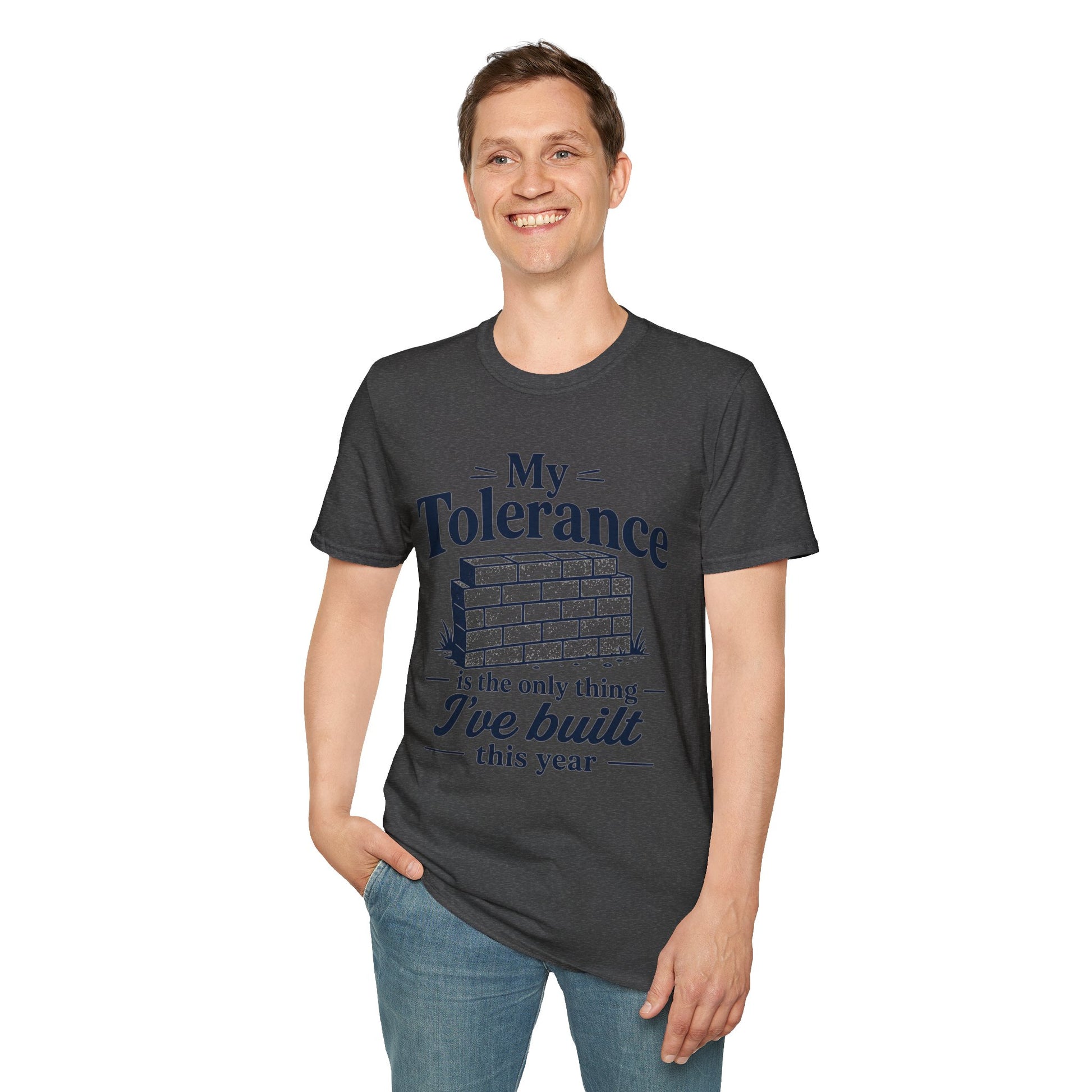 My Tolerance Is the Only Thing I've Built, Dark Heather charcoal, worn by a standing model with one hand in their pocket