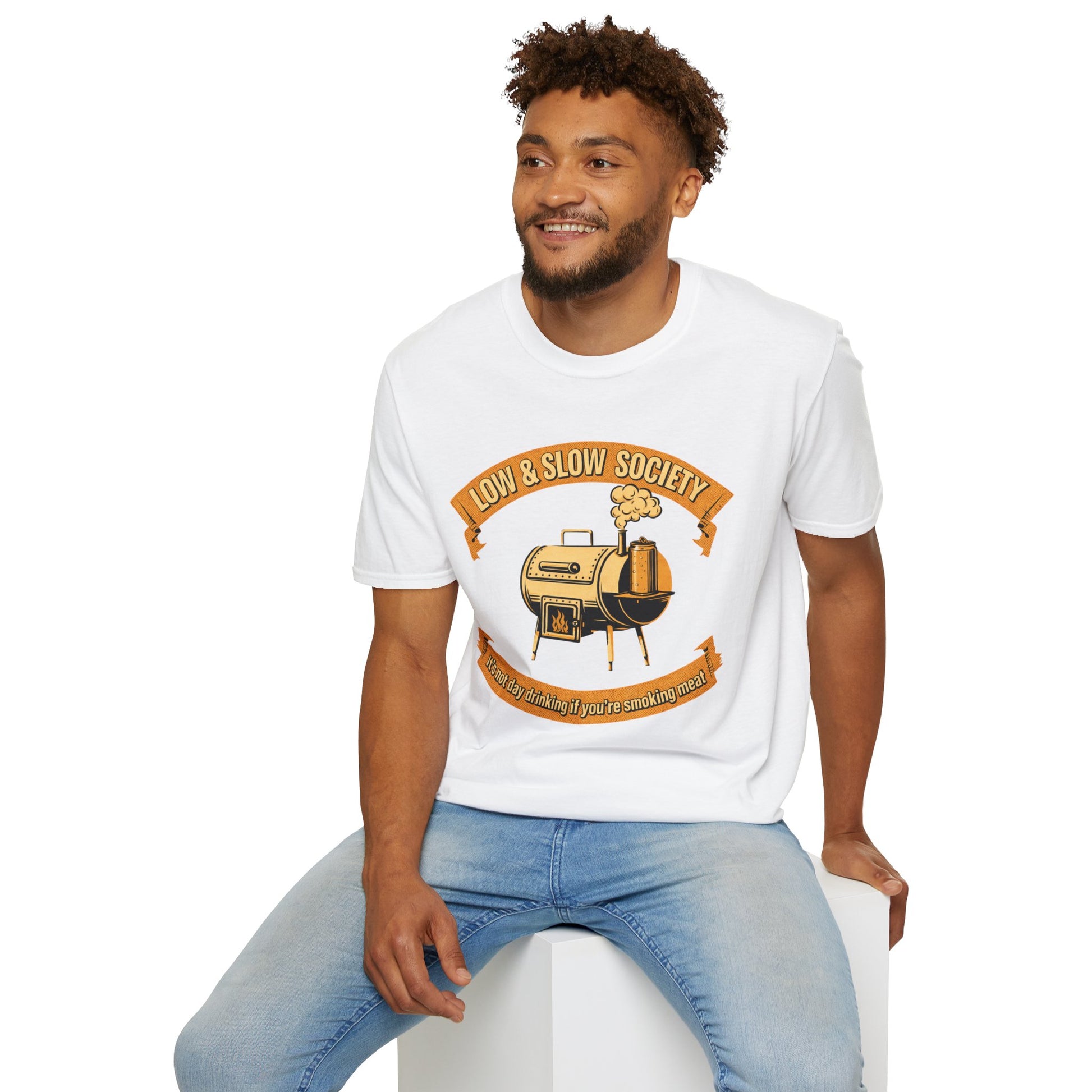 Low & Slow Society Shirt, White, worn by a model seated on a white block