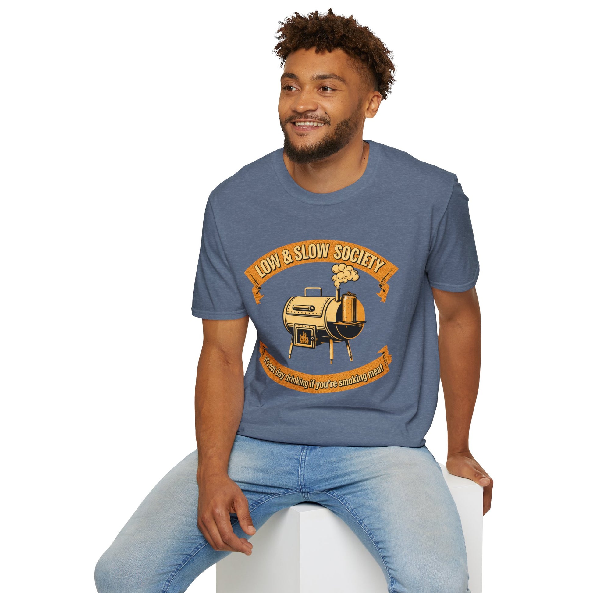 Low & Slow Society Shirt, Heather Indigo slate blue, worn by a model seated on a white block