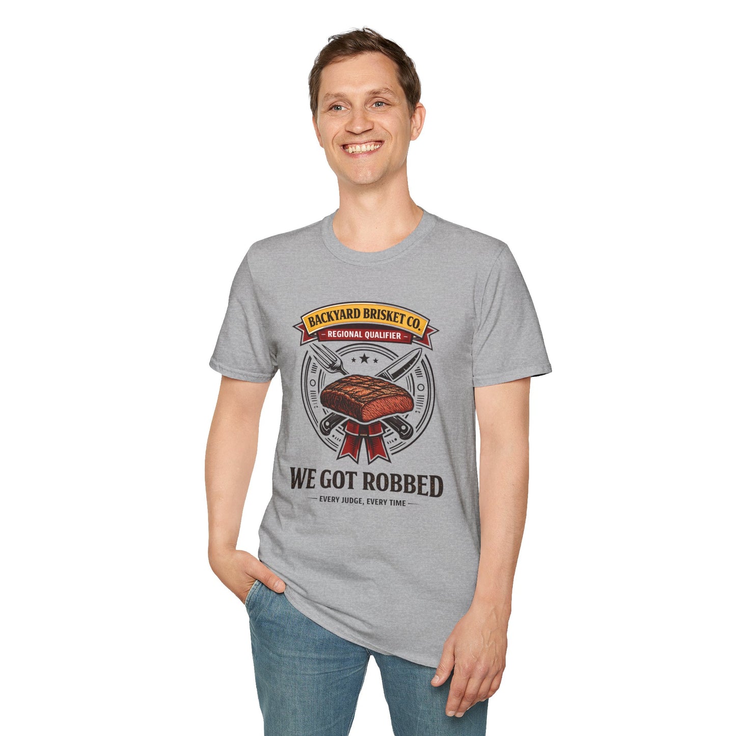 Backyard Brisket Co. Shirt, Sport Grey, worn by a standing model with one hand in their pocket