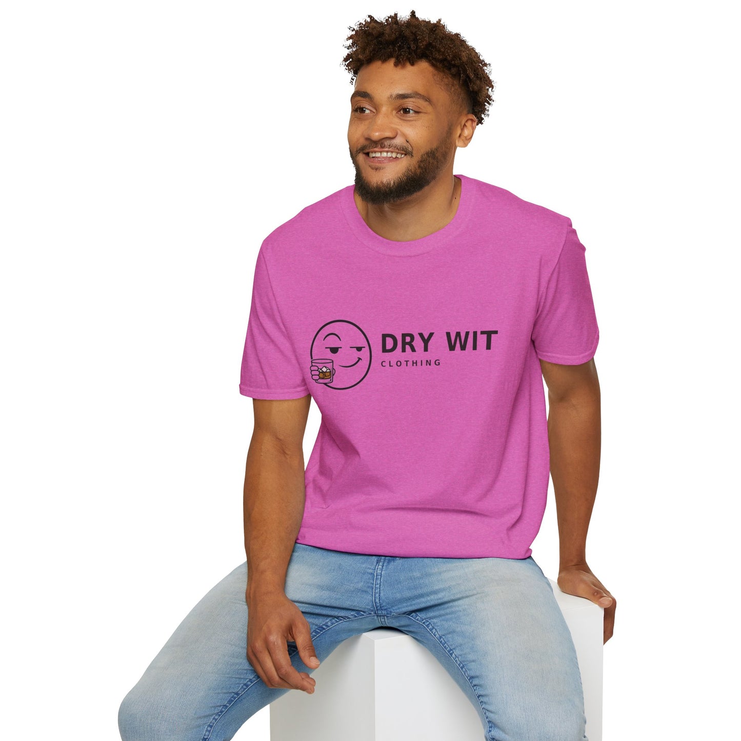 Dry Wit Logo Shirt, Heather Berry pink, worn by a model seated on a white block