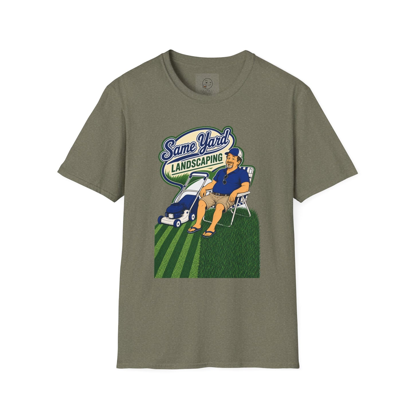 Retro cartoon t-shirt graphic of the Dry Wit dad mascot with a beer beside a lawn mower and grass stripes, text reading Same Yard Landscaping