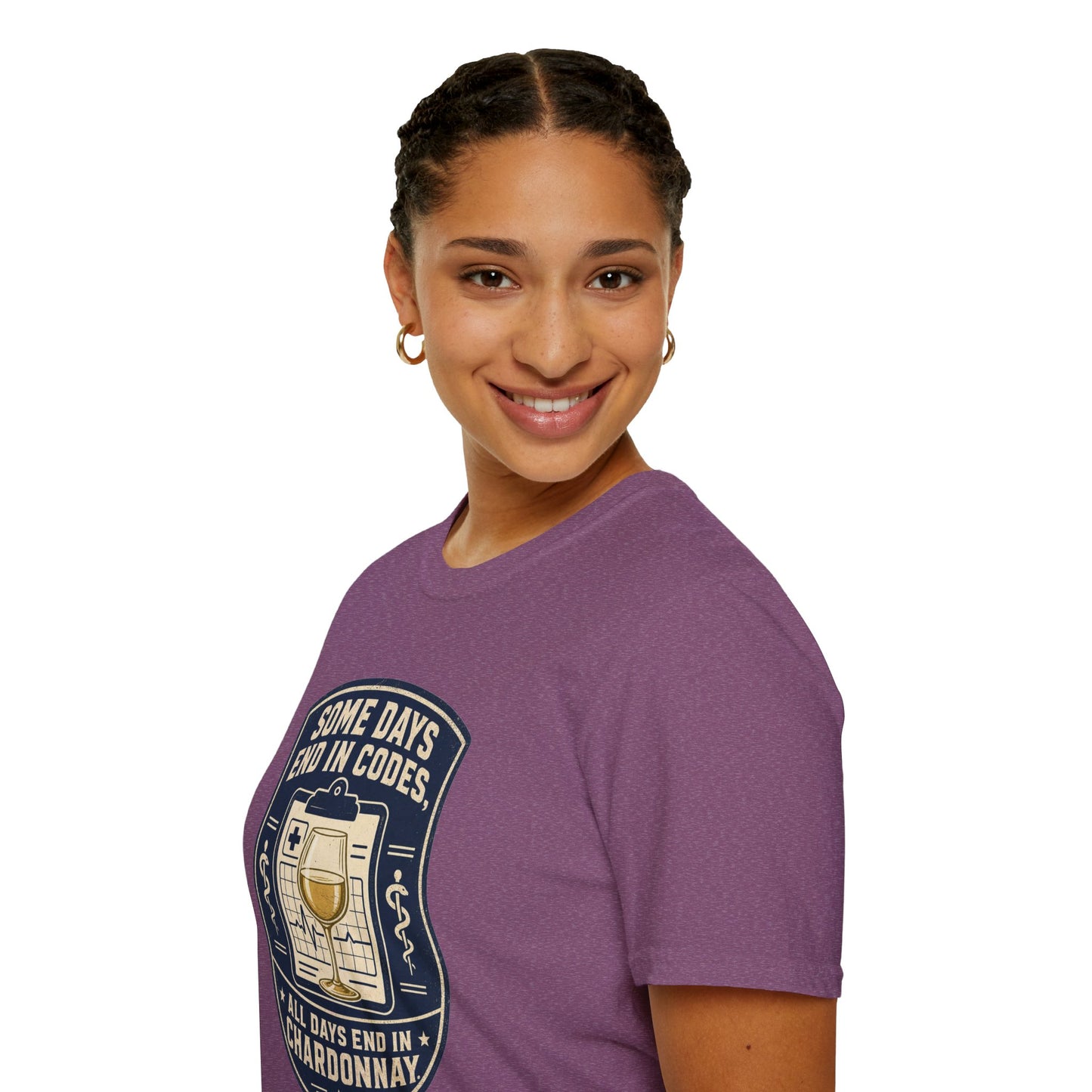 Shield-shaped vintage badge t-shirt graphic of a clipboard with a wine glass resting on top, text reading Some Days End In Codes, All Days End In Chardonnay