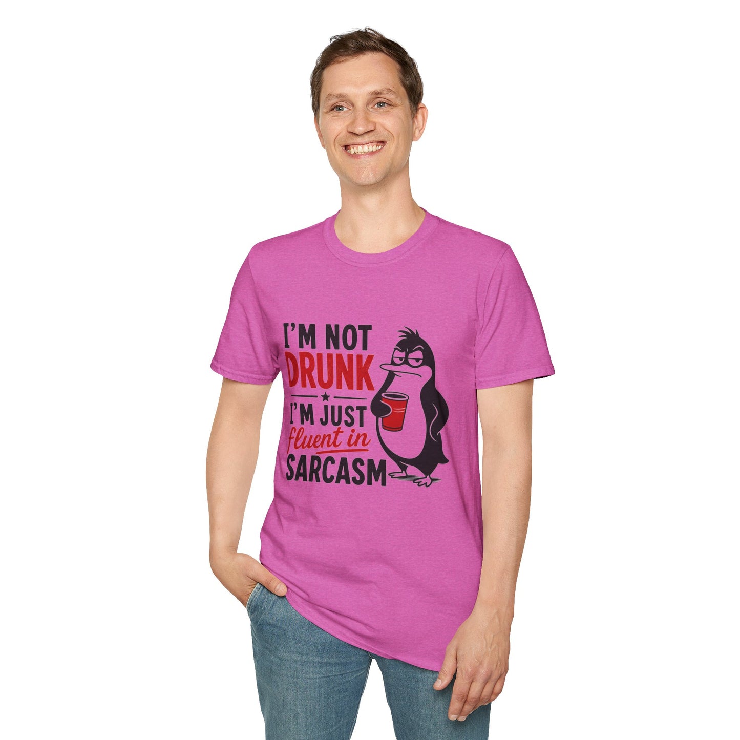 I'm Not Drunk, I'm Just Fluent in Sarcasm Shirt, Heather Berry pink, worn by a standing model with one hand in their pocket
