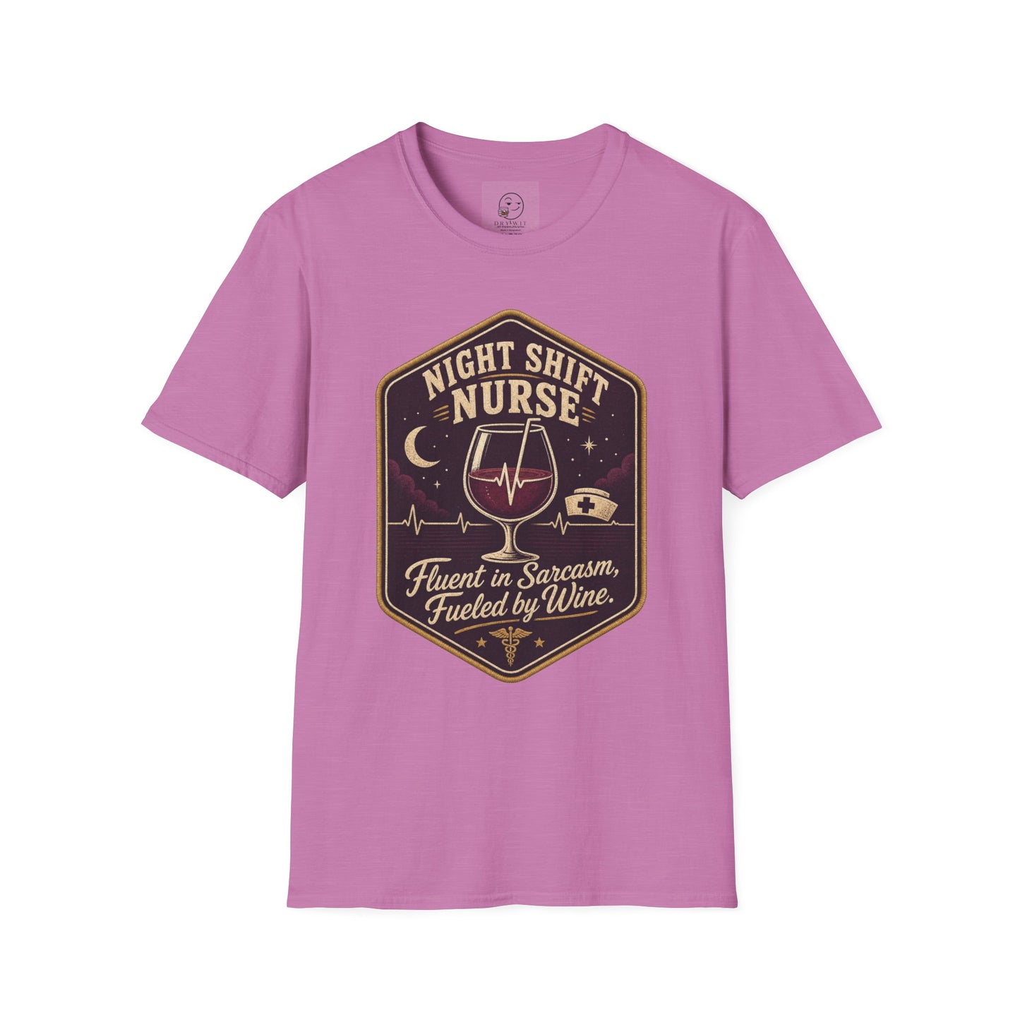 Hexagonal vintage badge t-shirt graphic of a wine glass with a heartbeat line running through it like a straw, text reading Night Shift Nurse, Fluent In Sarcasm, Fueled By Wine