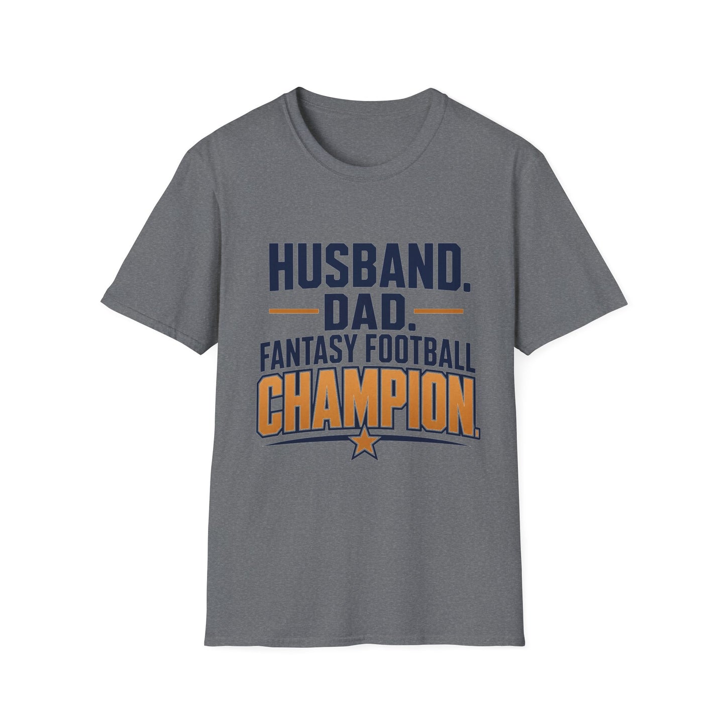 T-shirt design with navy and amber text reading Husband Dad Fantasy Football Champion, gold star accent