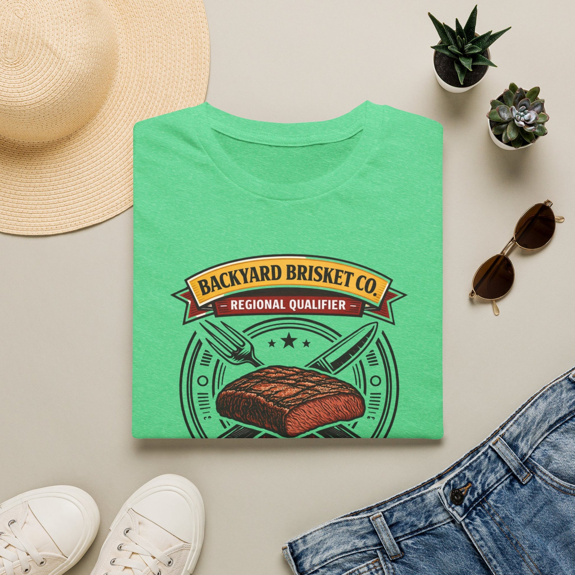 Backyard Brisket Co. Shirt, Heather Irish Green mint, folded flat lay styled with a straw hat, sunglasses, sneakers and denim