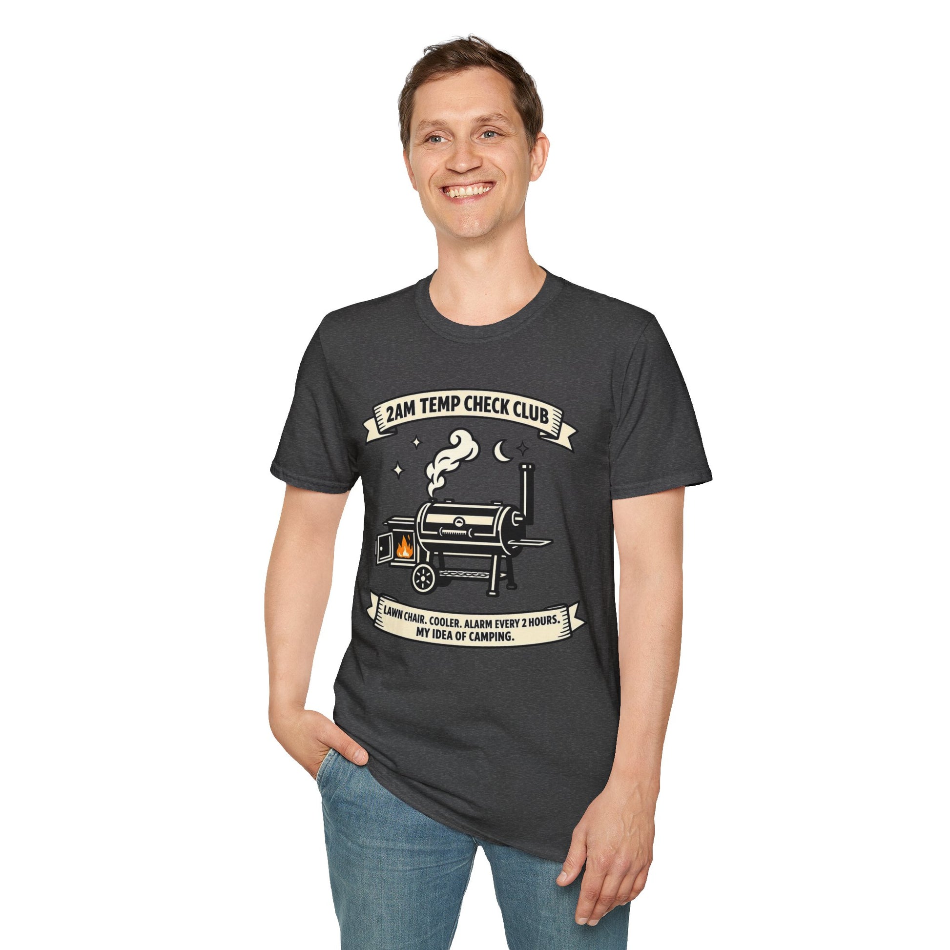 2AM Temp Check Club Shirt, Dark Heather charcoal, worn by a standing model with one hand in their pocket