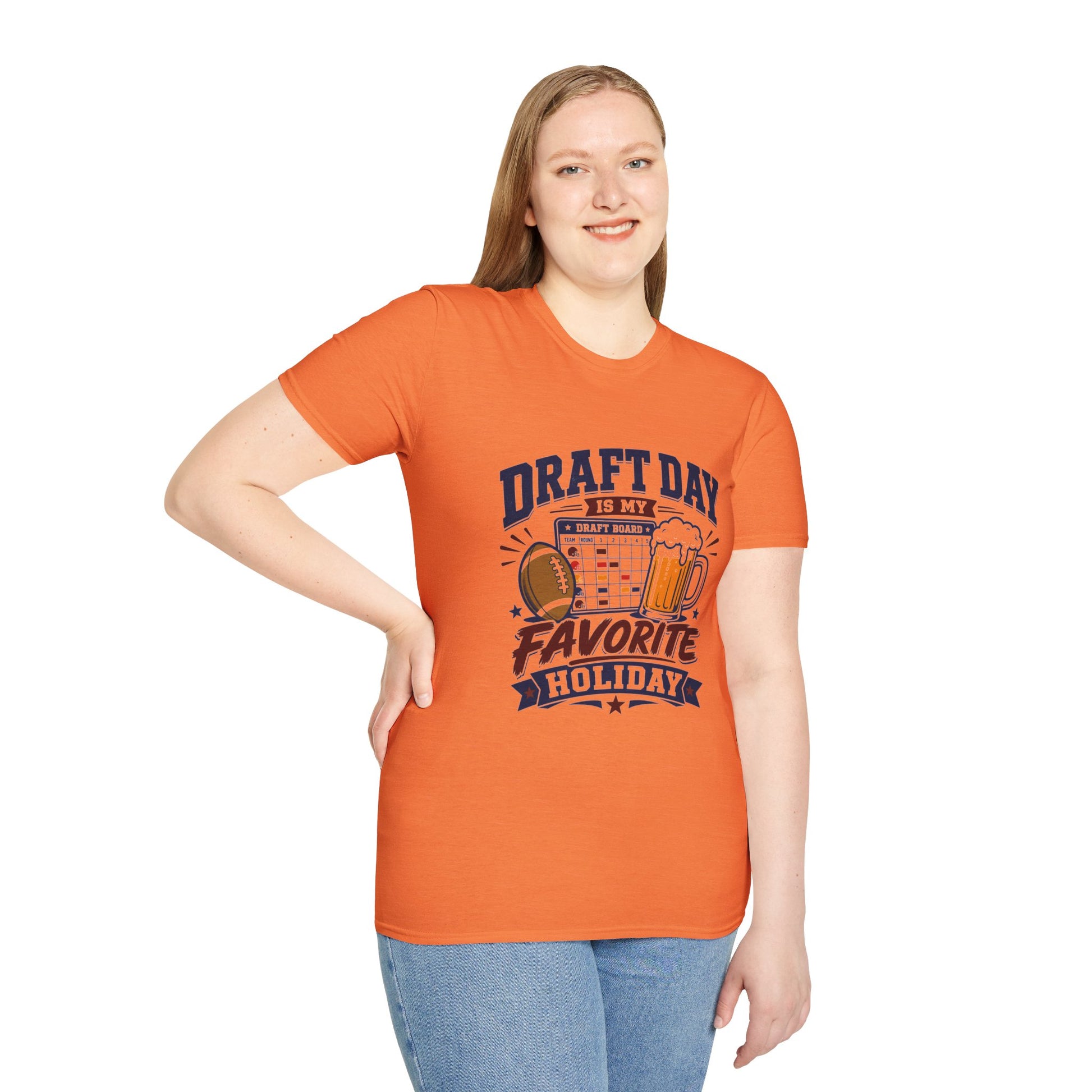 T-shirt design with navy Draft Day text, a fantasy football draft board grid, football, and foaming beer mug graphic, banner reading Favorite Holiday