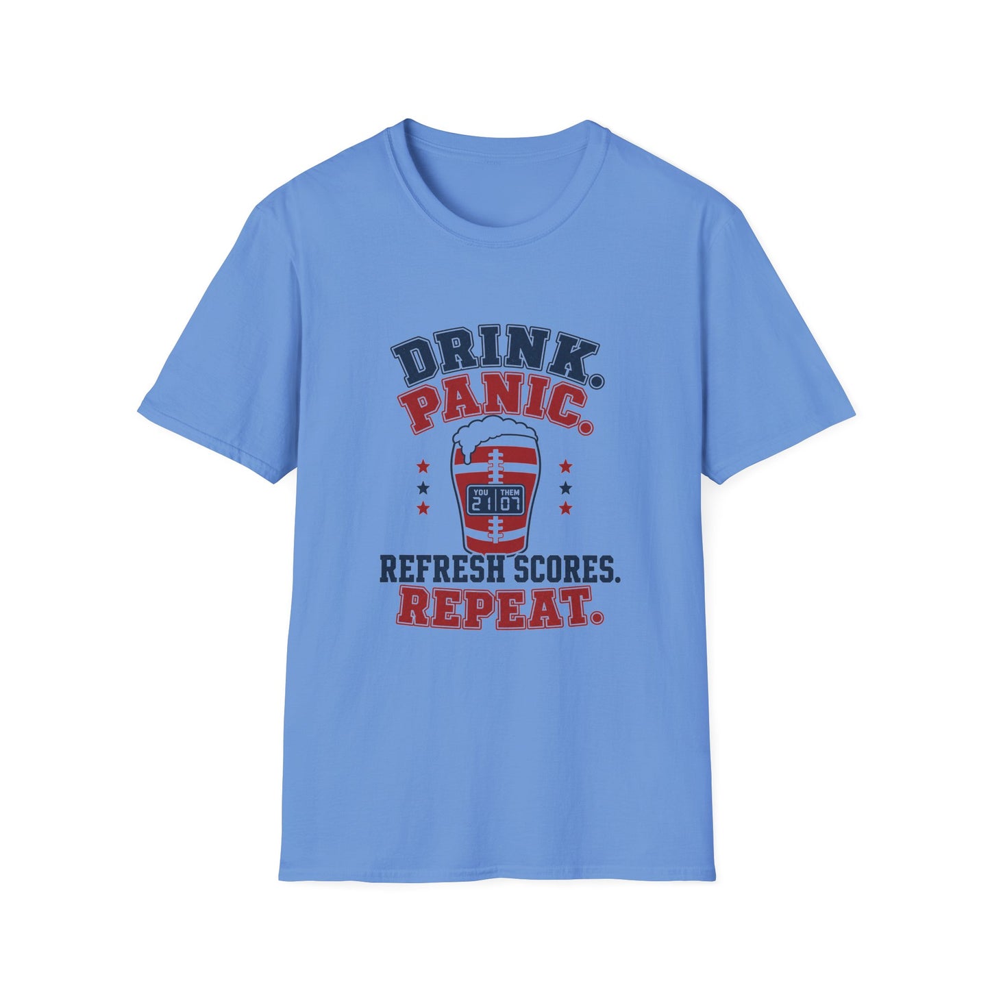 T-shirt design with navy and maroon text reading Drink Panic Refresh Scores Repeat, football-striped pint glass with a scoreboard graphic