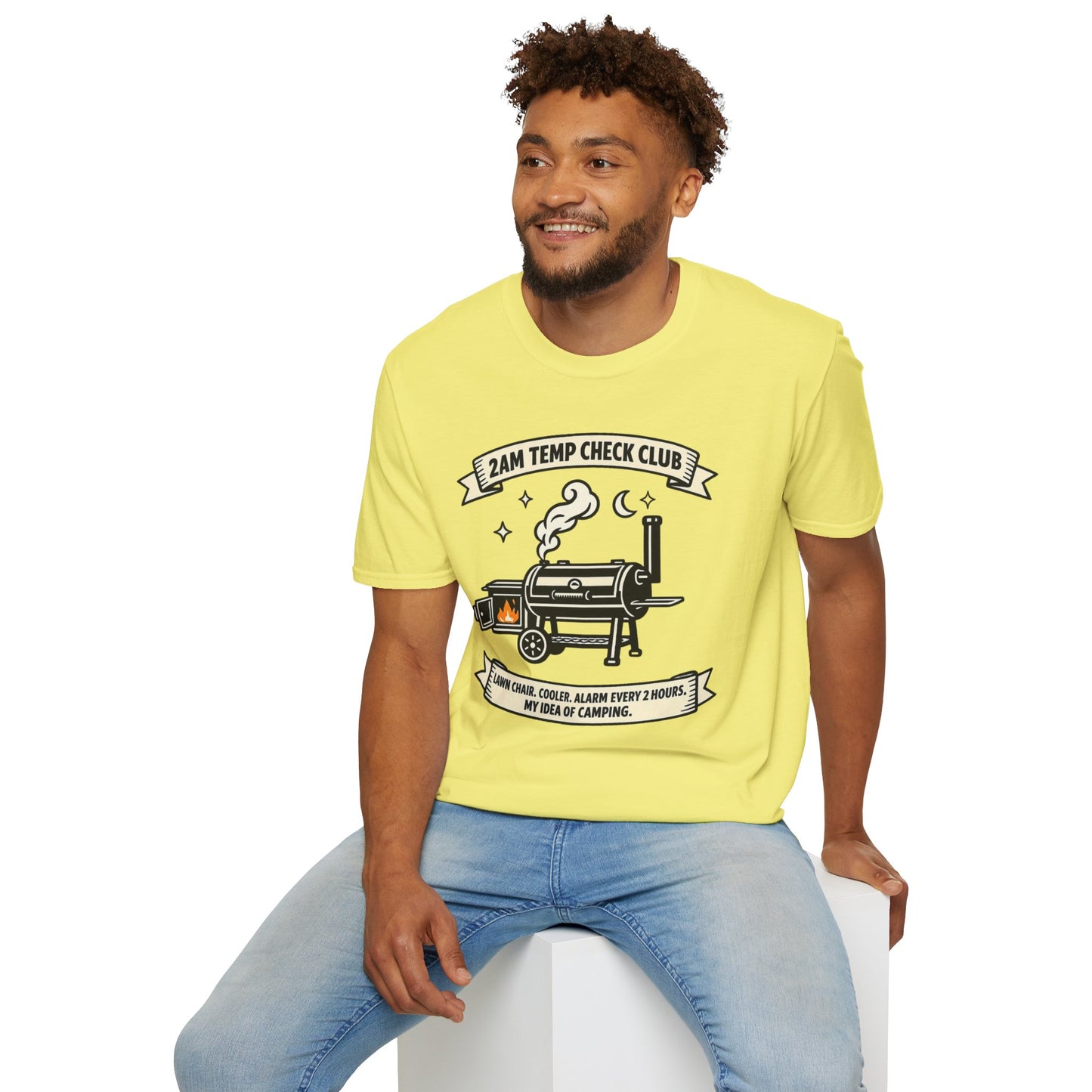 2AM Temp Check Club Shirt, Cornsilk pale yellow, worn by a model seated on a white block