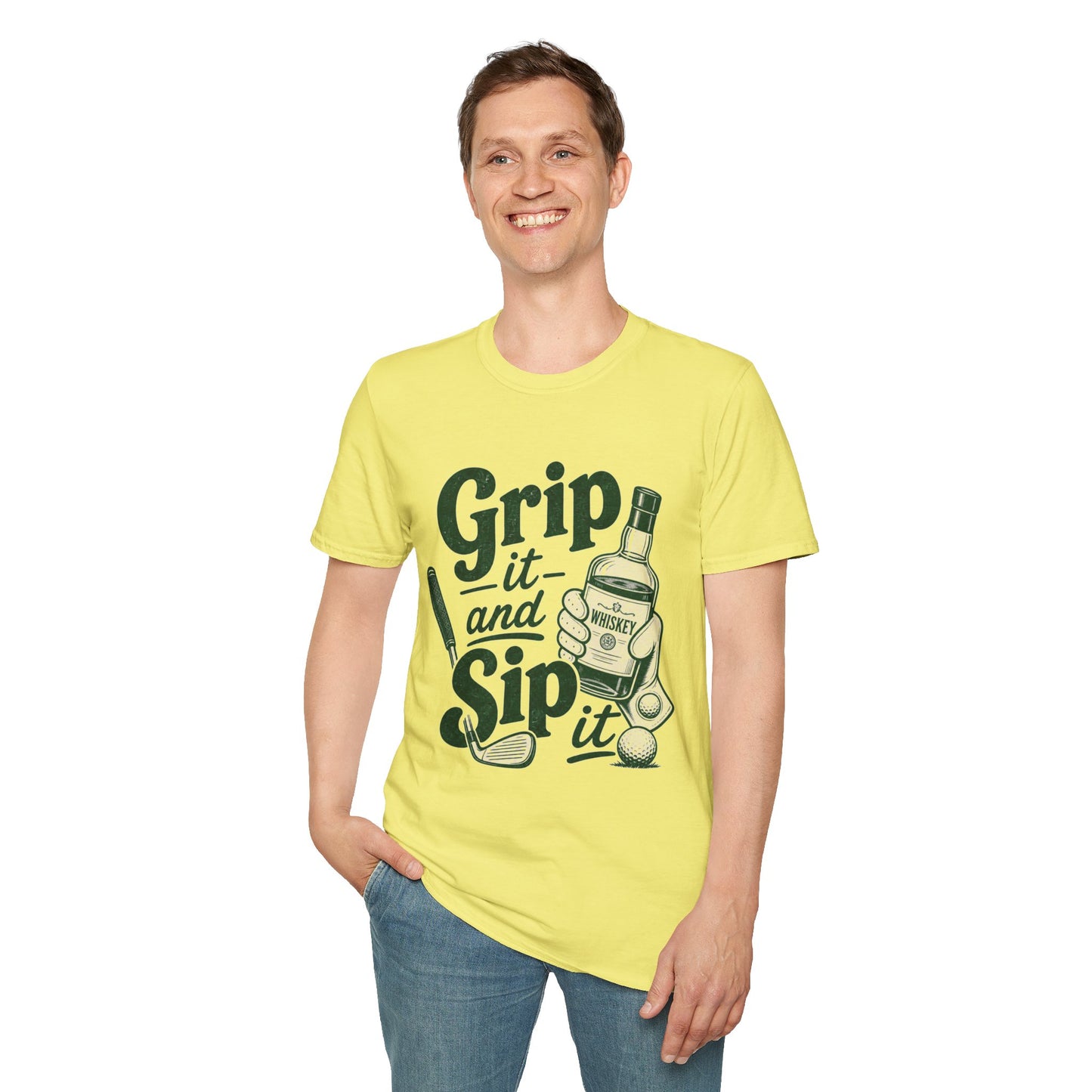 Grip It and Sip It funny golf whiskey shirt, Cornsilk pale yellow, worn by a standing model