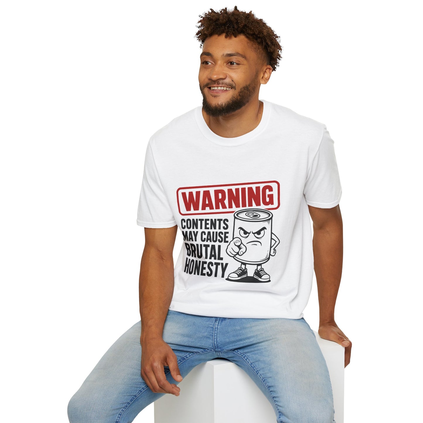 Warning: Contents May Cause Brutal Honesty Shirt, White, worn by a model seated on a white block