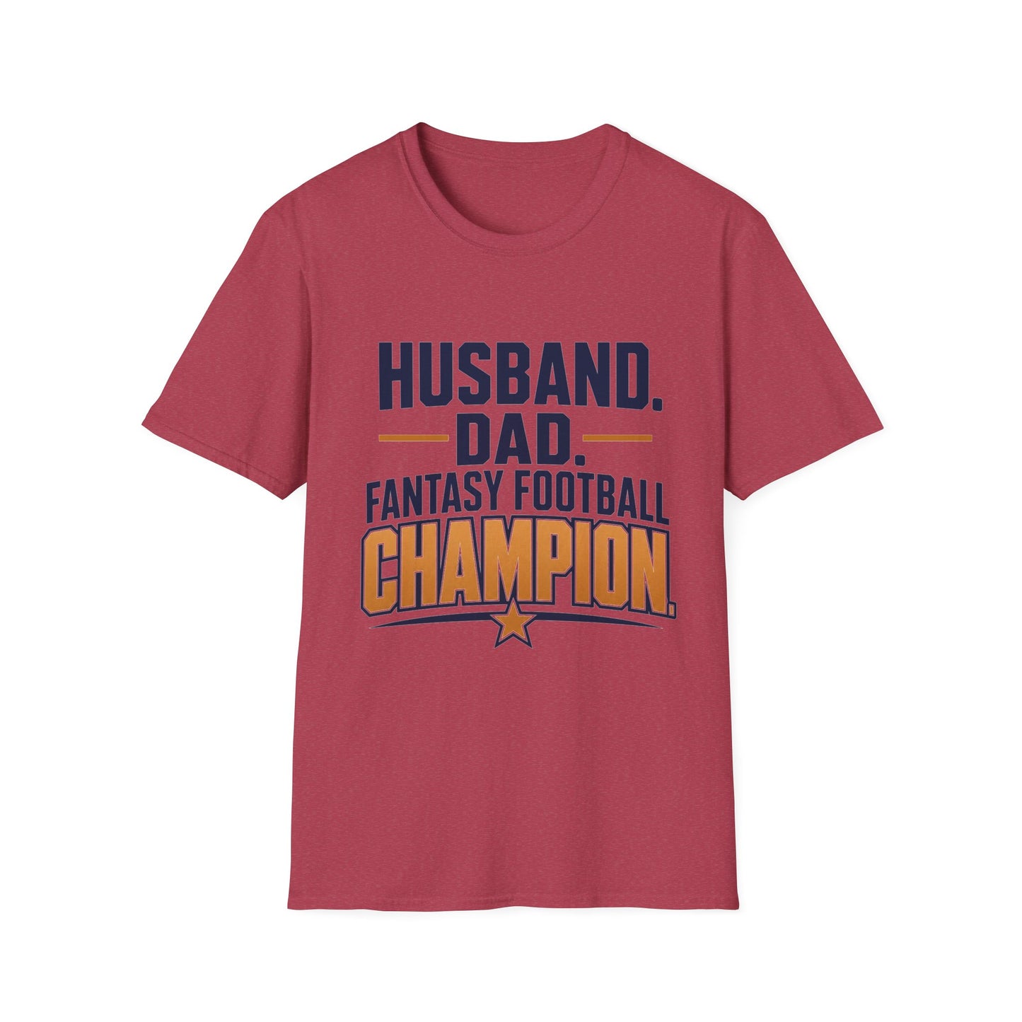 T-shirt design with navy and amber text reading Husband Dad Fantasy Football Champion, gold star accent