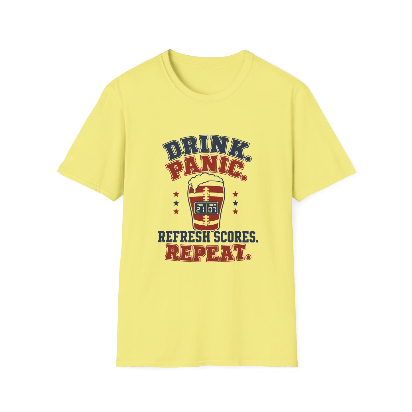 T-shirt design with navy and maroon text reading Drink Panic Refresh Scores Repeat, football-striped pint glass with a scoreboard graphic
